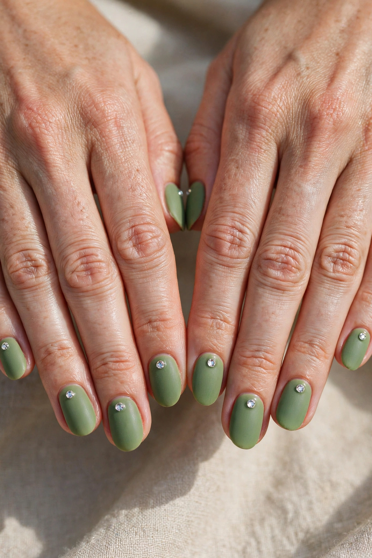 Short Oval Pistachio Green Matte Nails with a velvet-matte finish and a single crystal