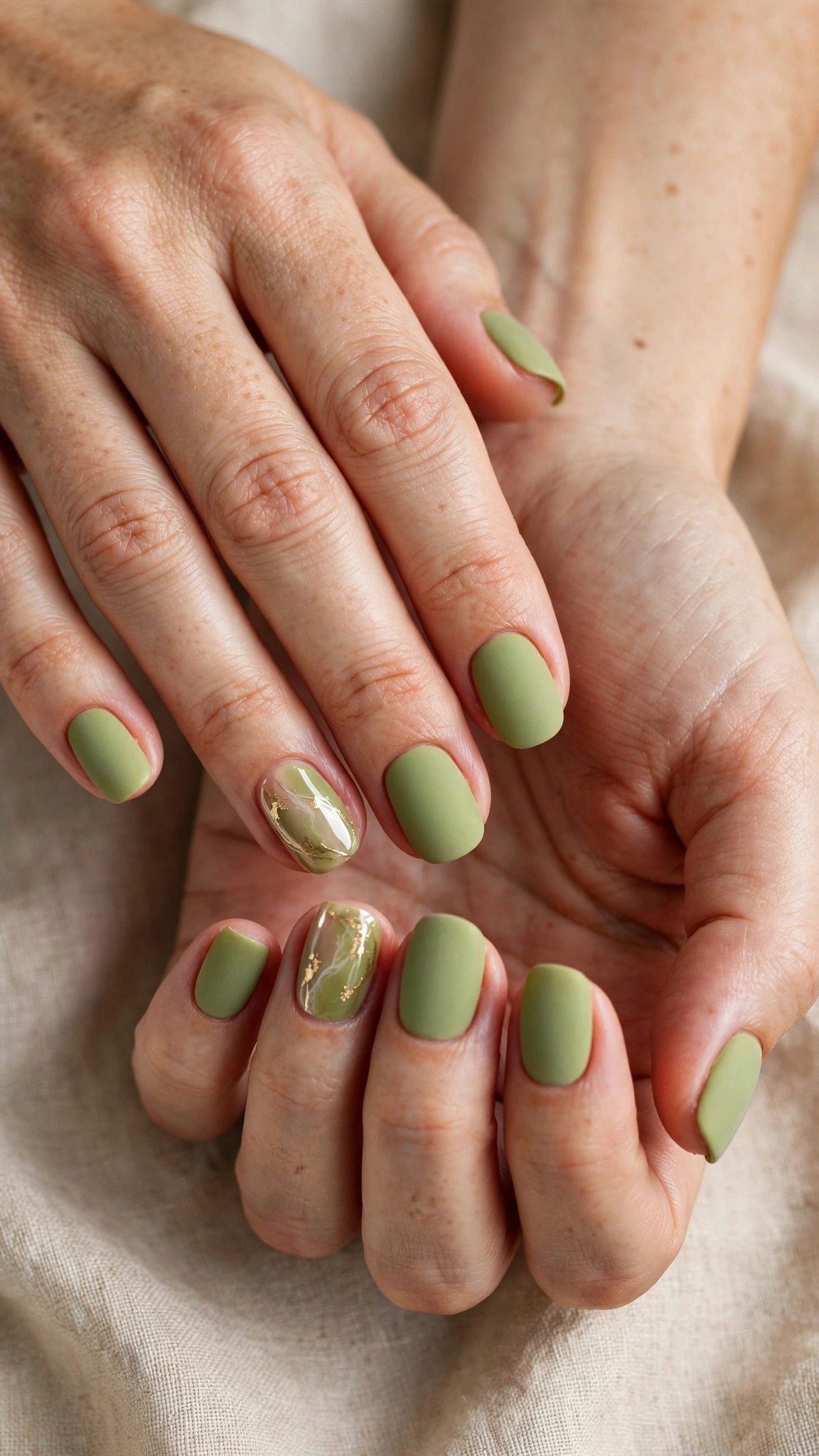 Rounded Square Pistachio Green Matte Nails with a velvet-matte finish and a glossy accent nail