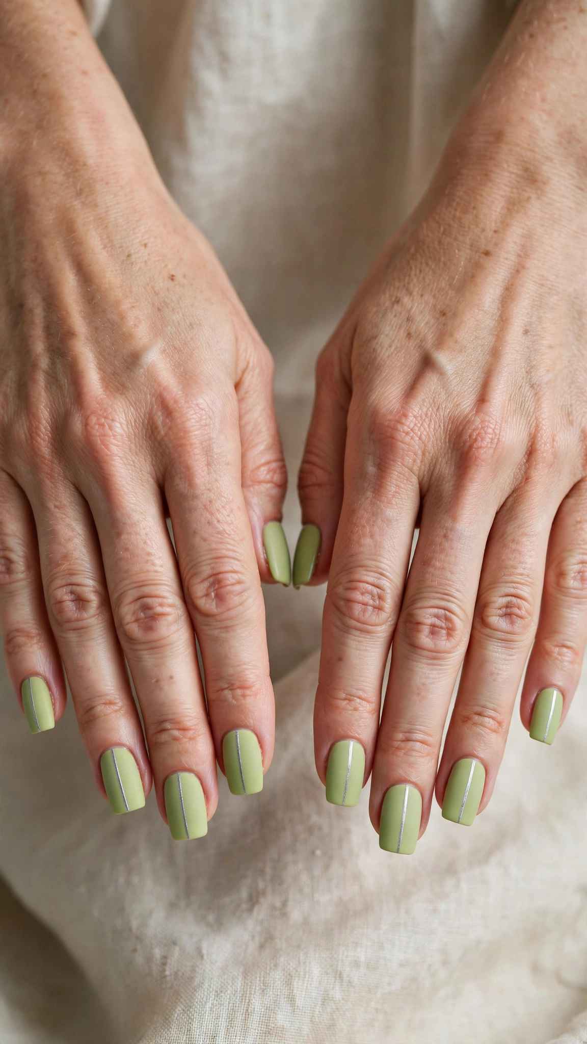 Square Pistachio Green Matte Nails with a matte finish and a thin silver stripe