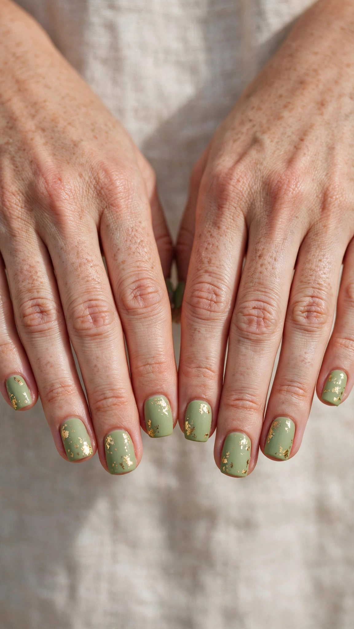 Short Square Pistachio Green Matte Nails with a matte finish and a gold foil fleck