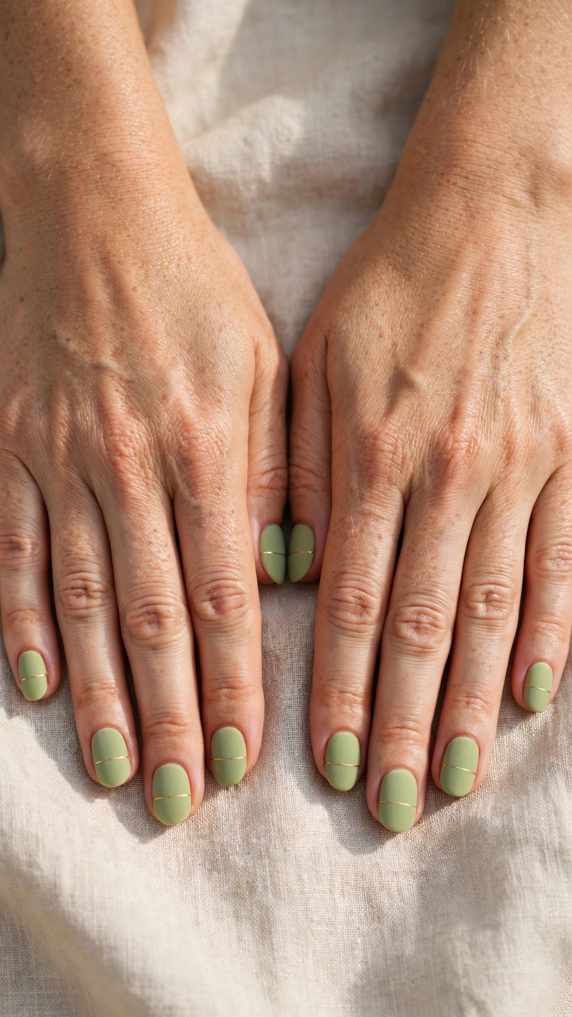 Round Pistachio Green Matte Nails with a velvet-matte finish and a gold line