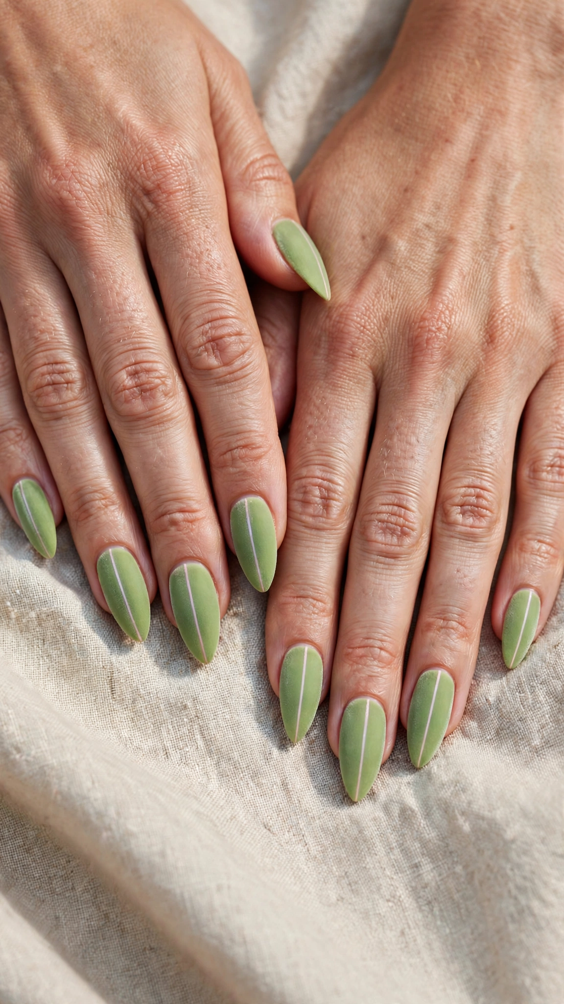 Soft Stiletto Pistachio Green Matte Nails with a velvet-matte finish and a minimal stripe