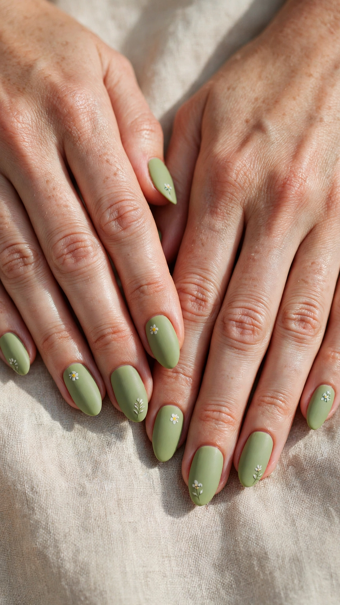 Almond Pistachio Green Matte Nails with a matte finish and a tiny flower