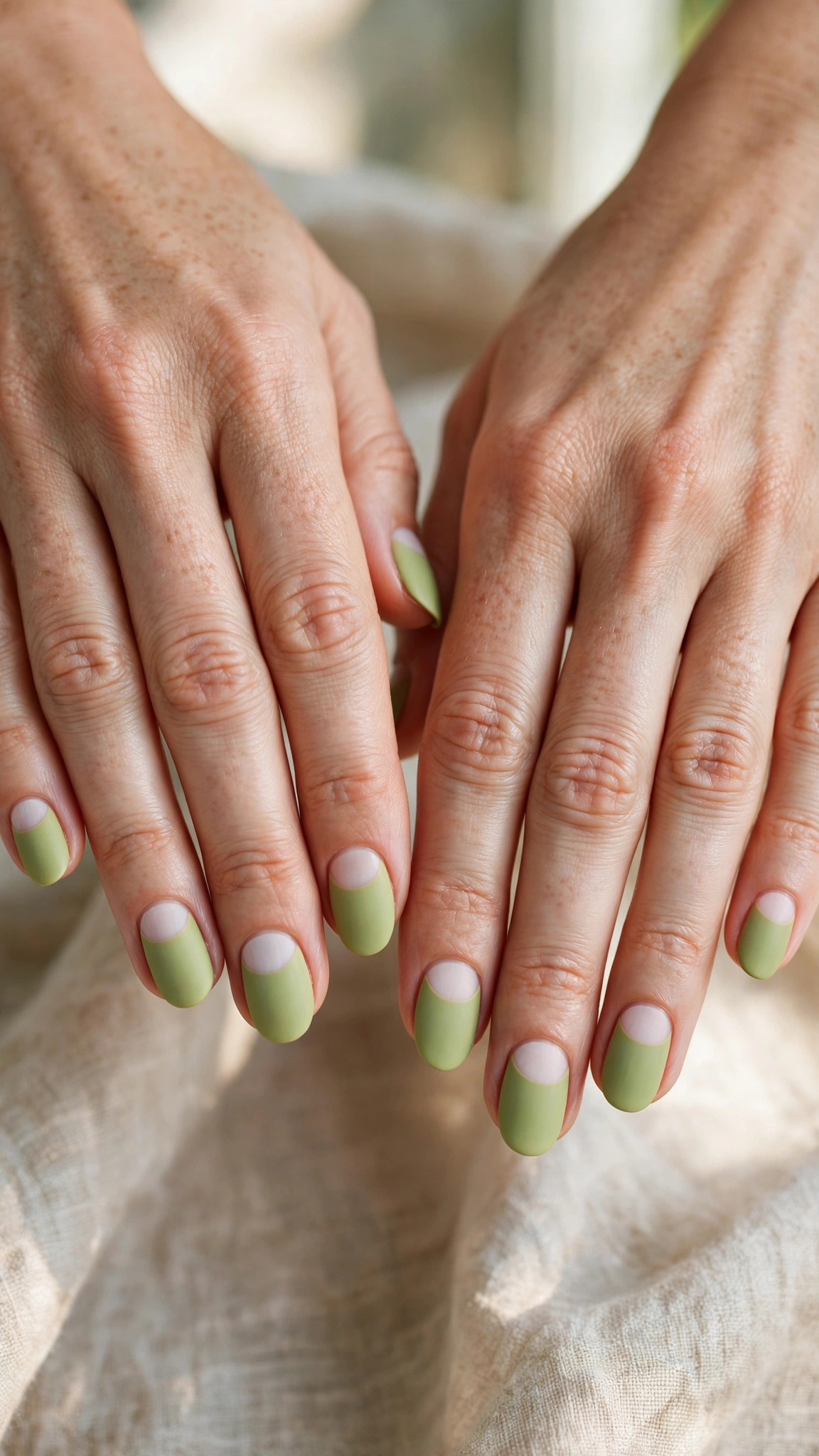 Oval Pistachio Green Matte Nails with a matte finish and a half-moon