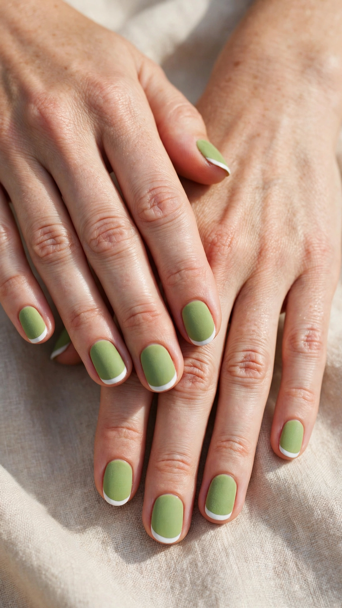 Short Oval Pistachio Green Matte Nails with a velvet-matte finish and a white tip
