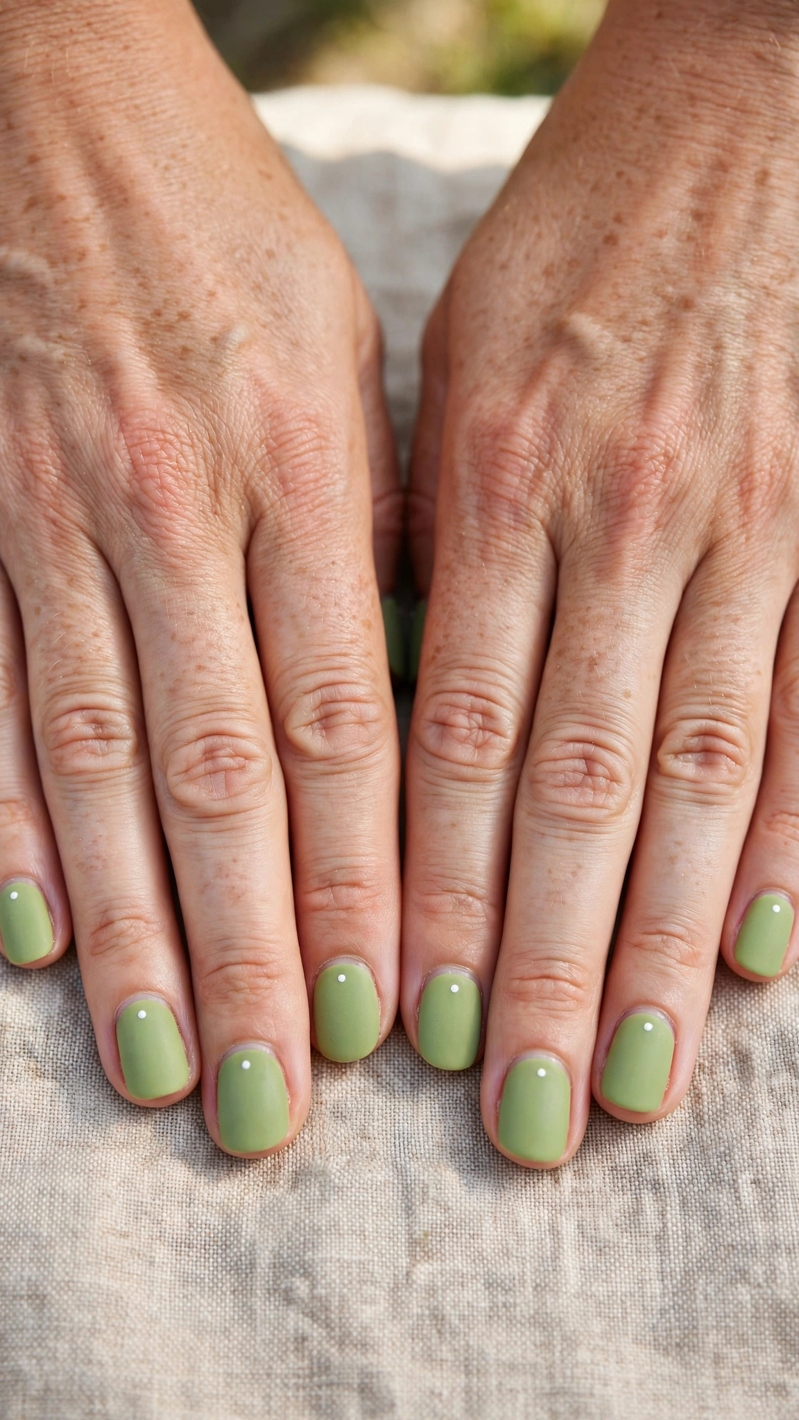 Rounded Square Pistachio Green Matte Nails with a velvet-matte finish and a tiny white dot