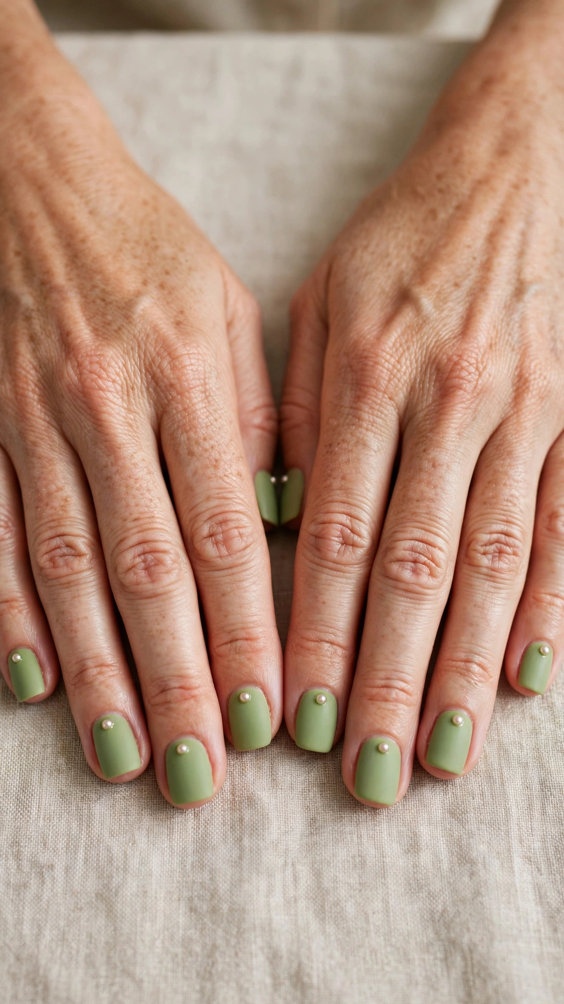 Short Square Pistachio Green Matte Nails with a matte finish and a pearl dot