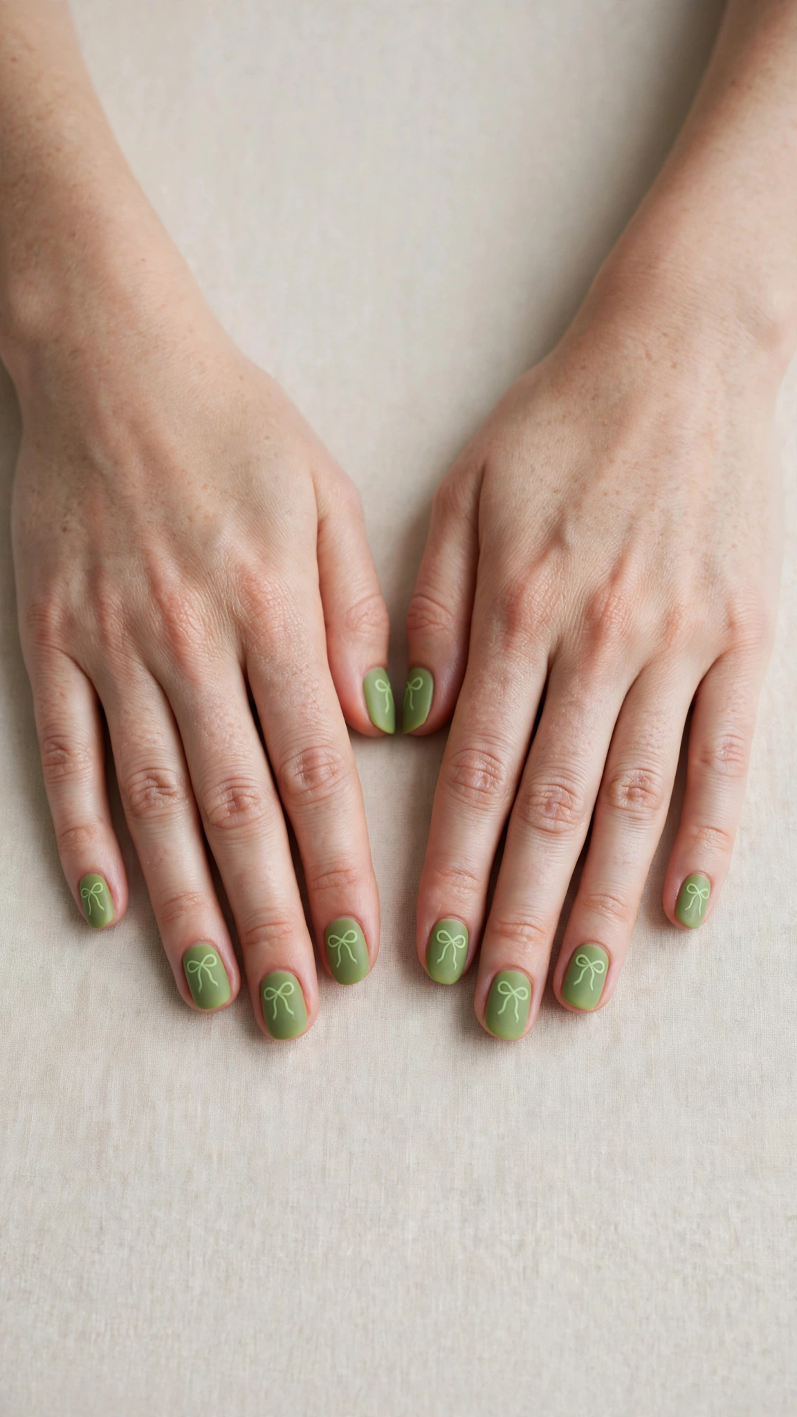 Round Pistachio Green Matte Nails with a velvet-matte finish and a small bow
