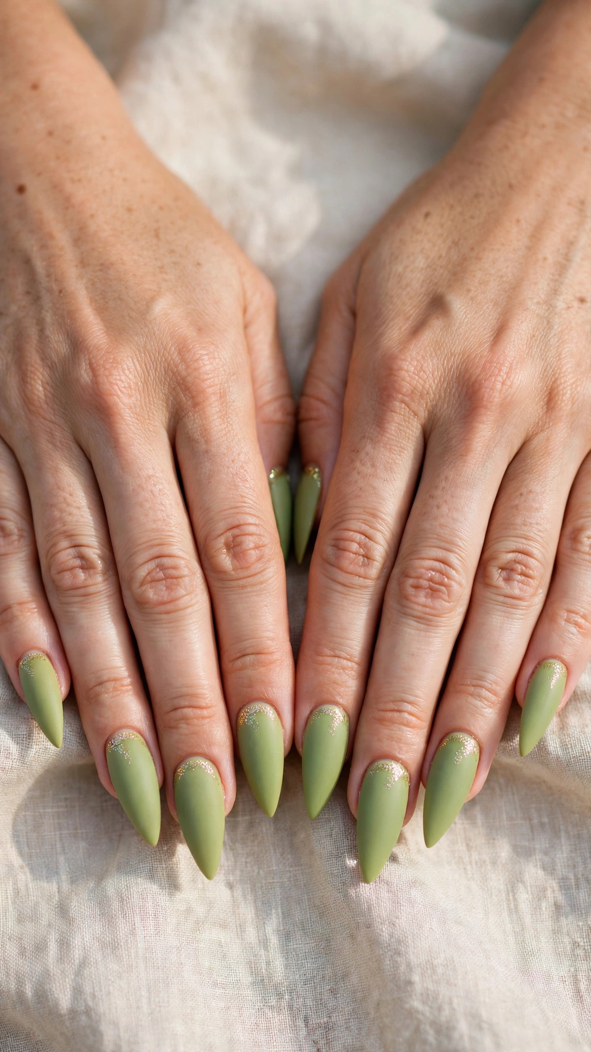 Soft Stiletto Pistachio Green Matte Nails with a velvet-matte finish and a subtle glitter accent