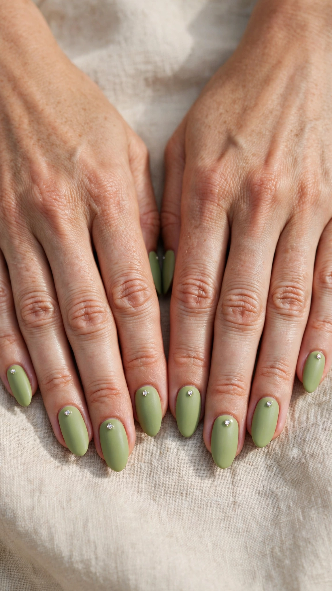 Almond Pistachio Green Matte Nails with a matte finish and a single crystal