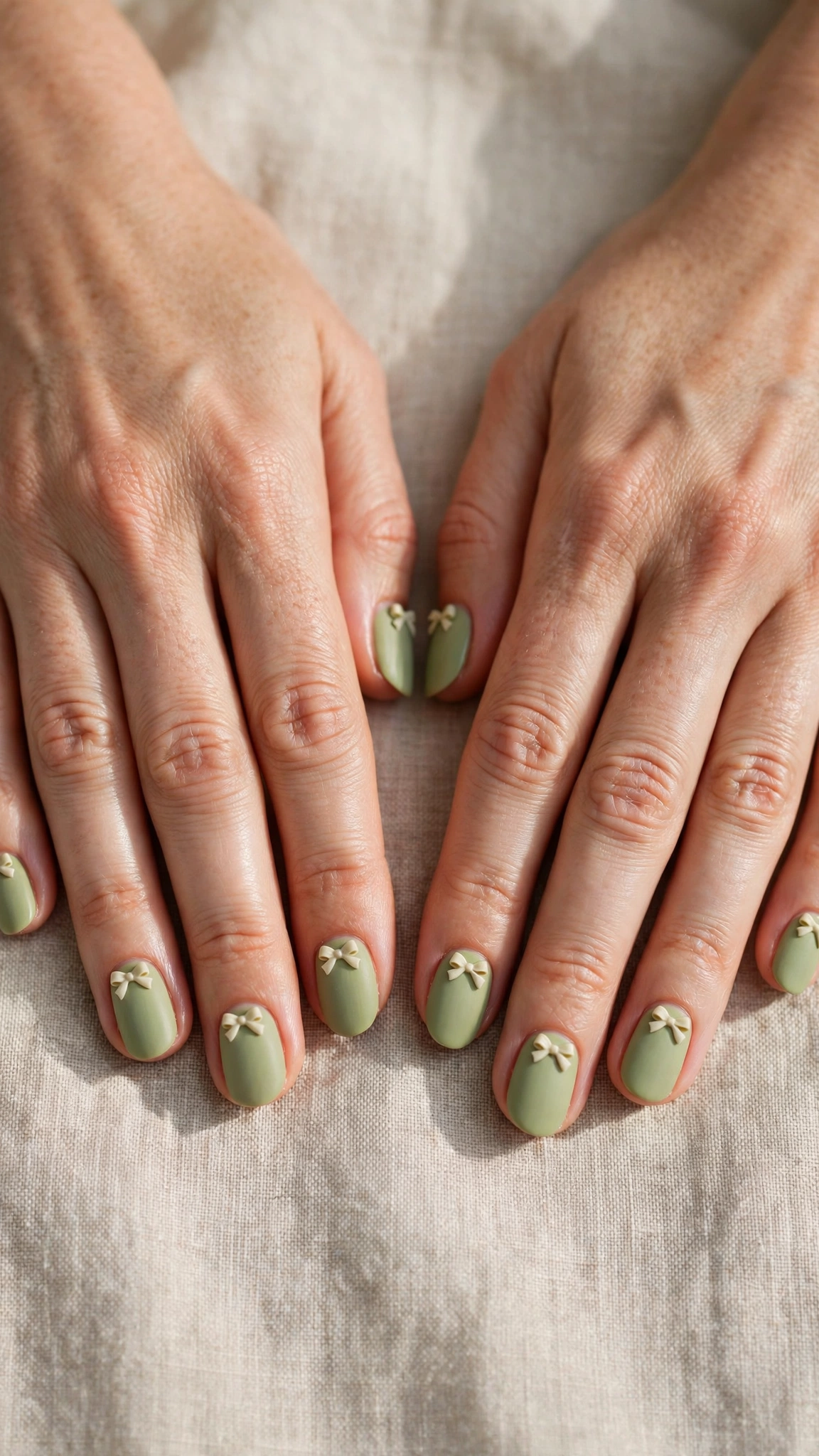 Short Oval Pistachio Green Minimalist Nails with a matte finish and a small bow accent