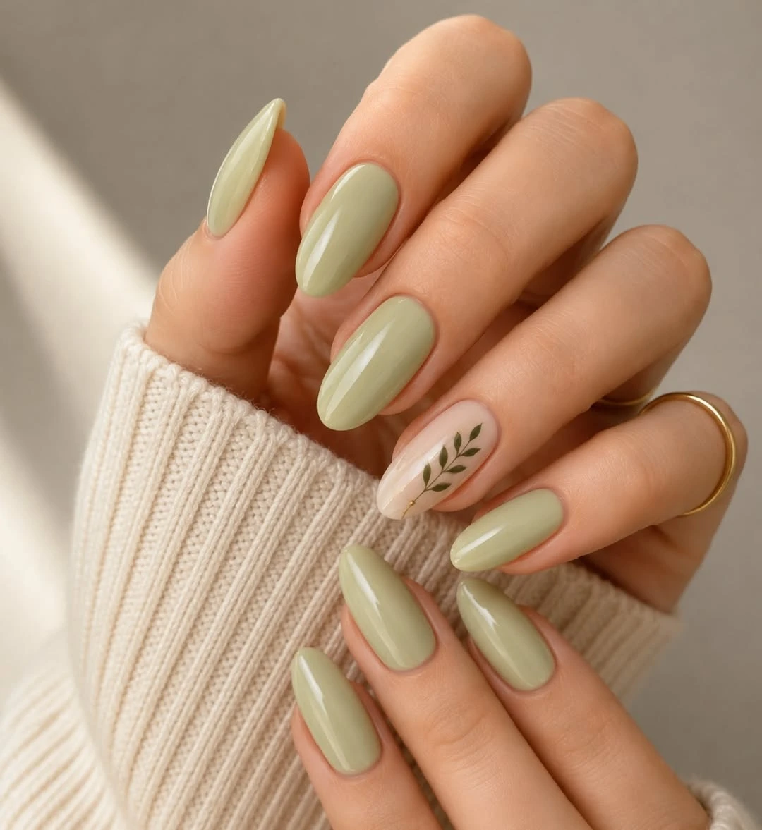 Square Pistachio Green Minimalist Nails with a satin finish and a delicate leaf accent