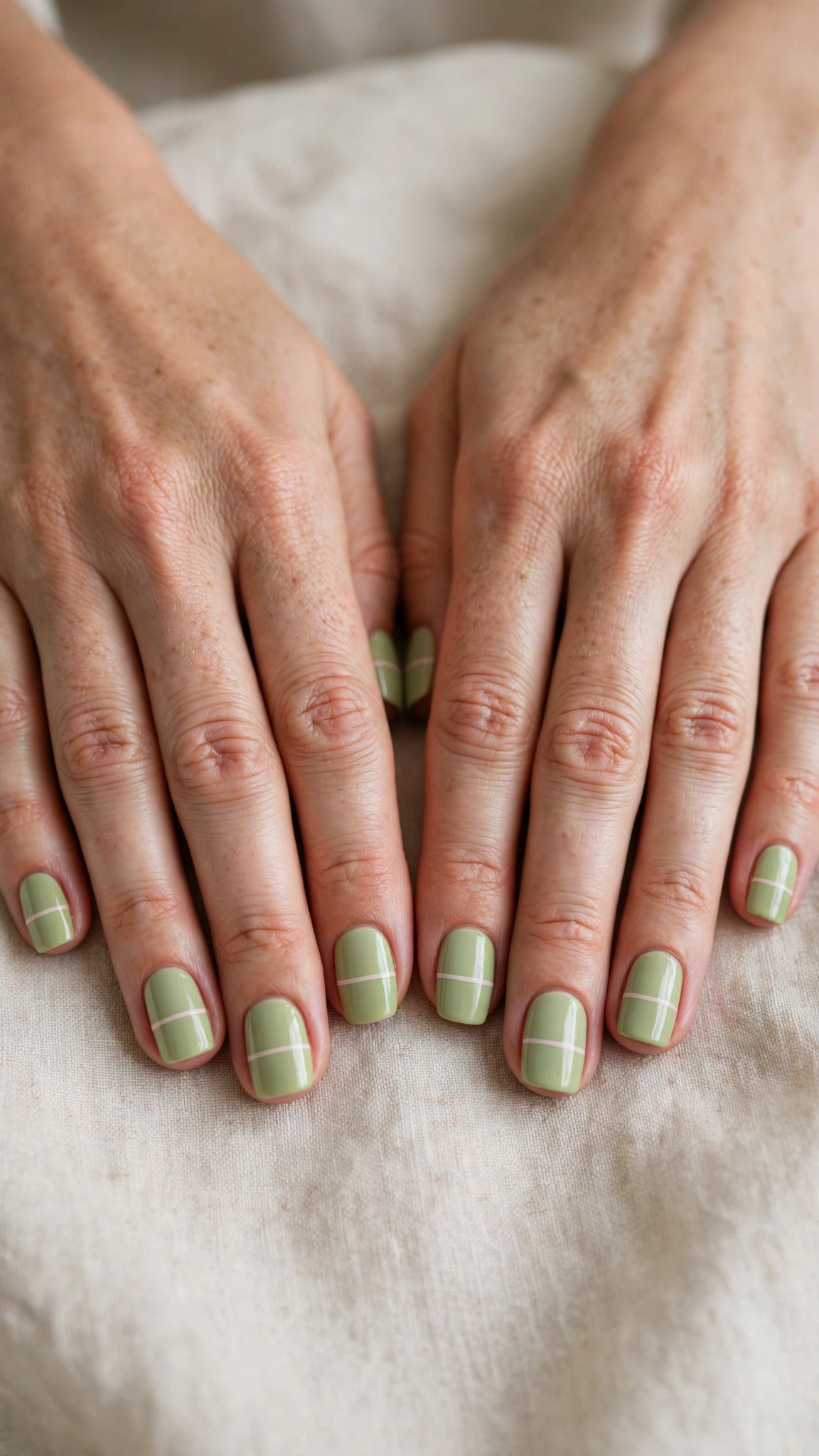 Short Square Pistachio Green Minimalist Nails with a satin finish and a single thin stripe