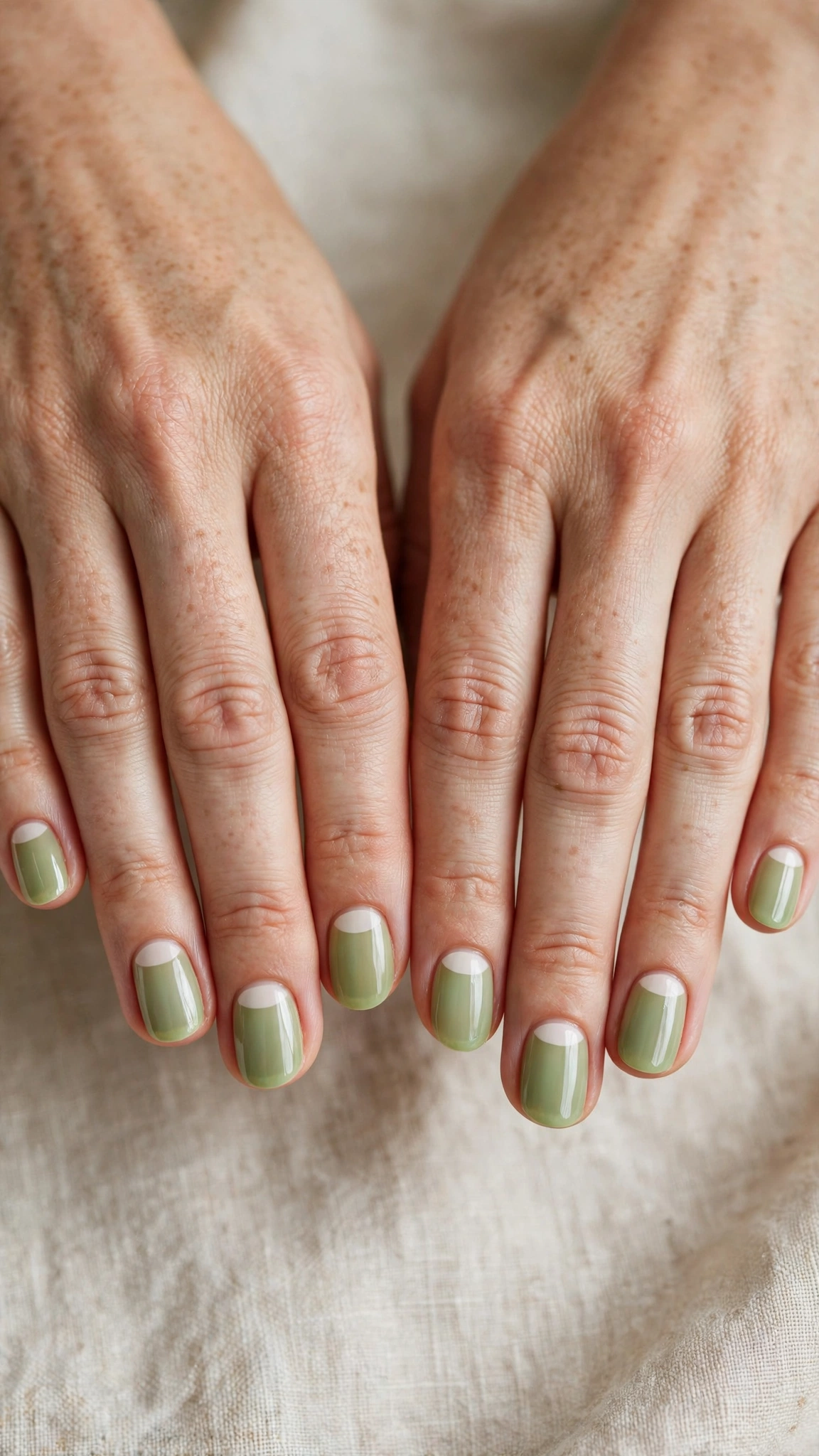 Round Pistachio Green Minimalist Nails with a sheer finish and a white half-moon