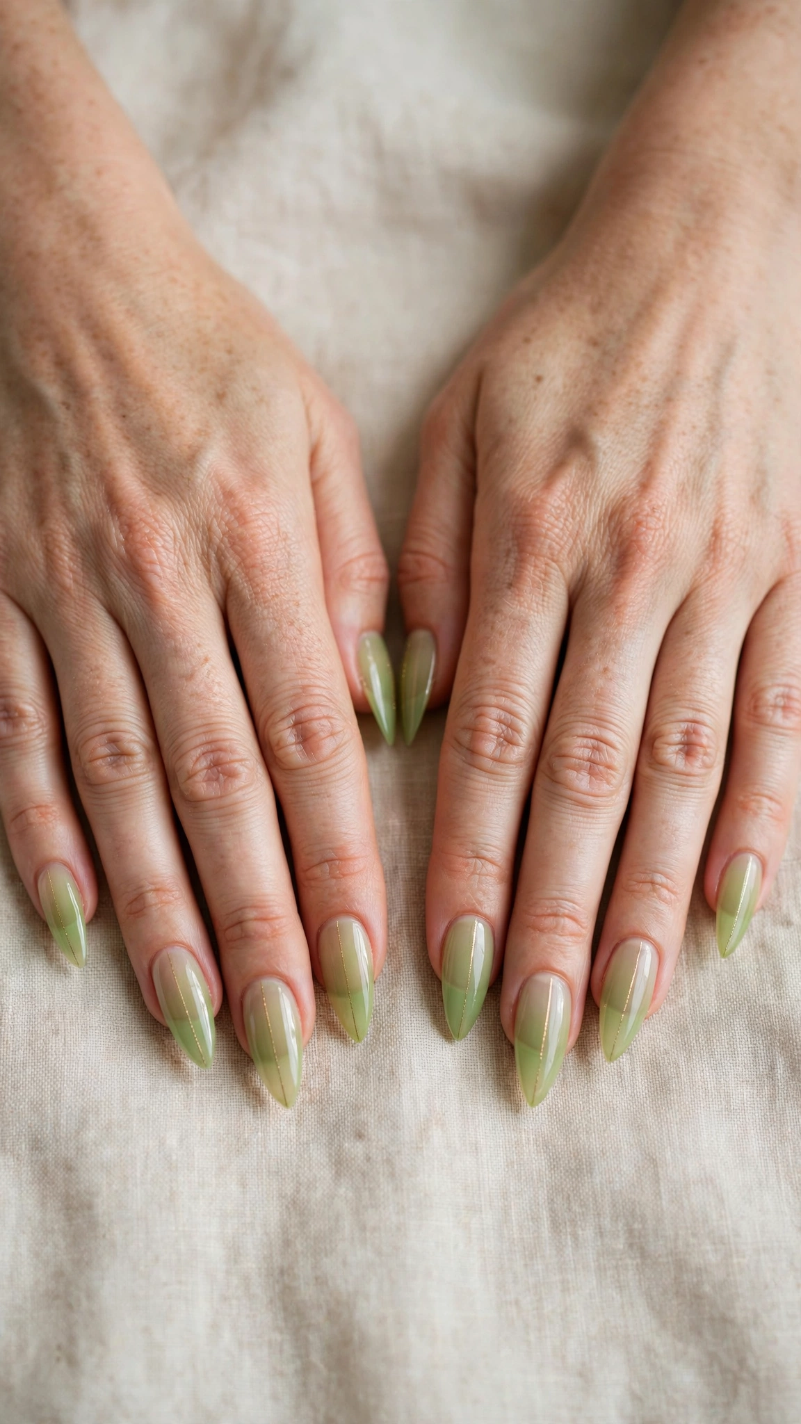 Soft Stiletto Pistachio Green Minimalist Nails with a sheer finish and a fine gold line