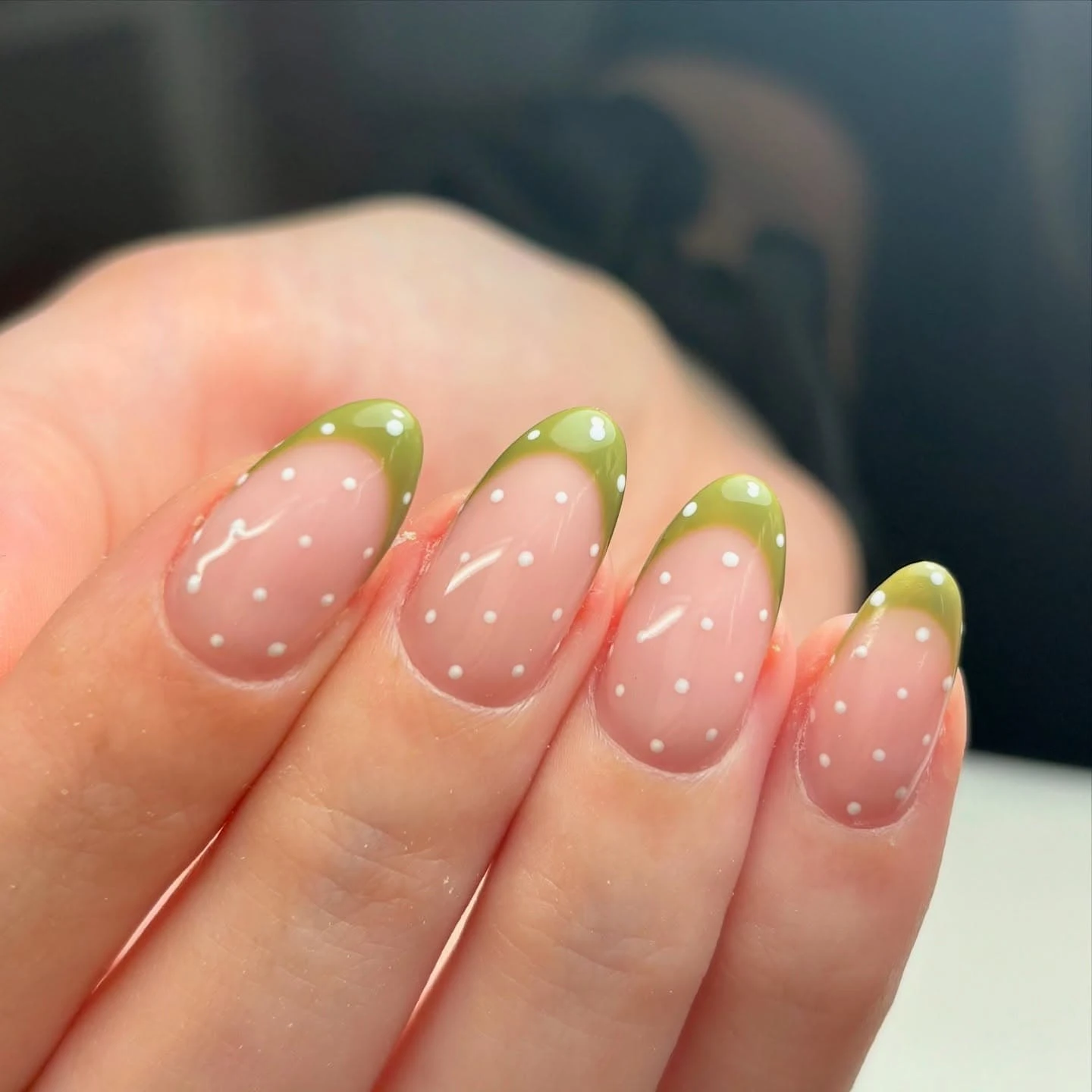 Rounded Square Pistachio Green Minimalist Nails with a matte finish and a micro dot pattern