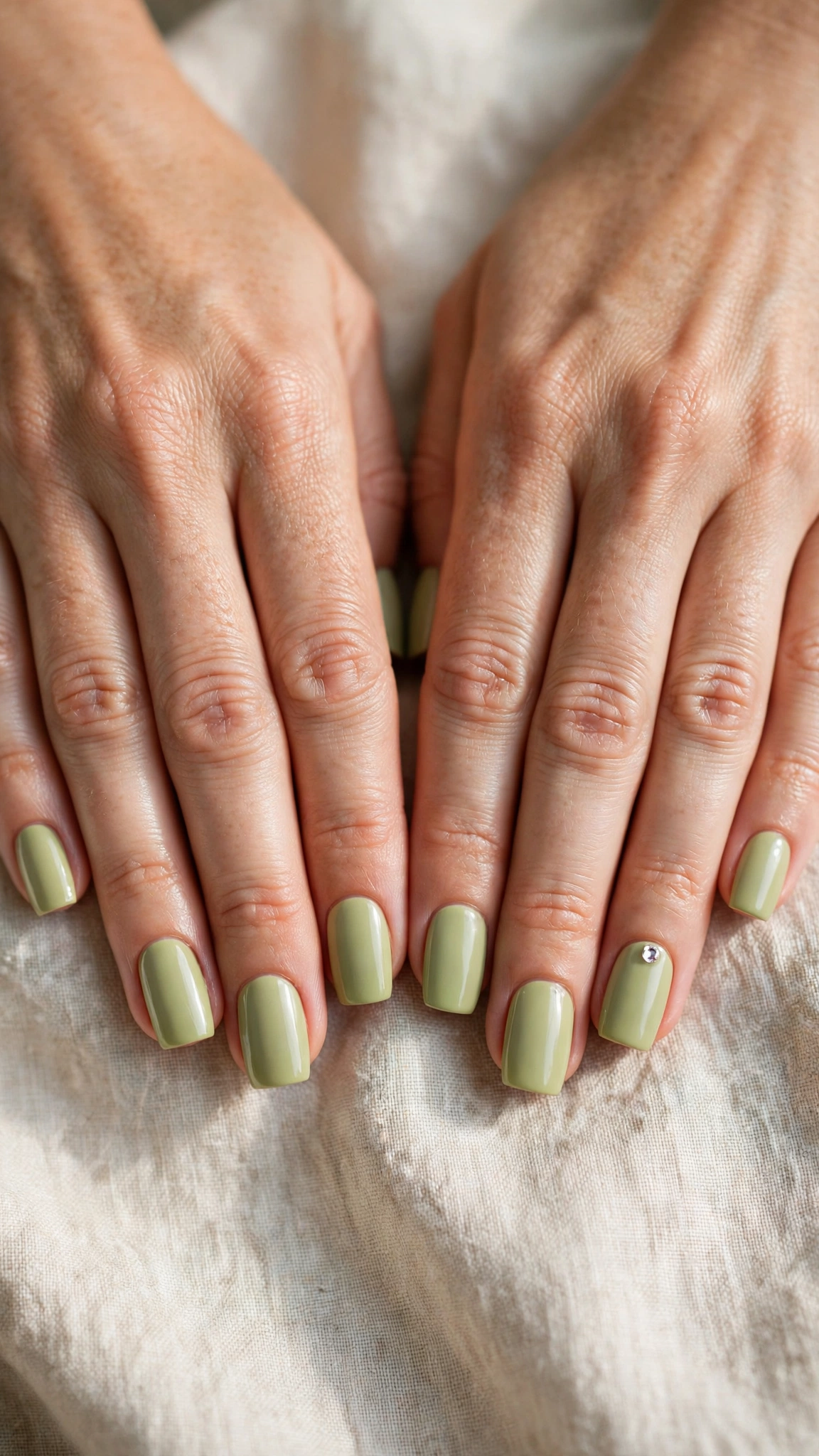 Square Pistachio Green Minimalist Nails with a satin finish and a single crystal