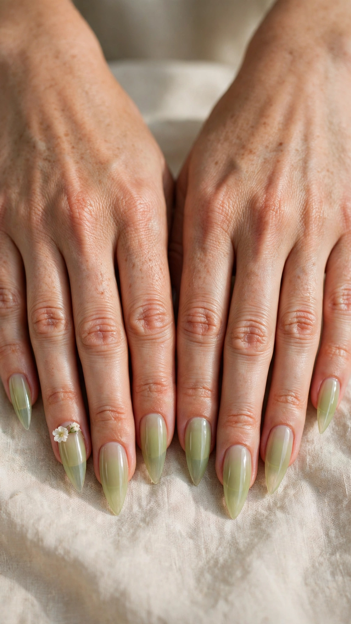 Soft Stiletto Pistachio Green Minimalist Nails with a sheer finish and a tiny white flower