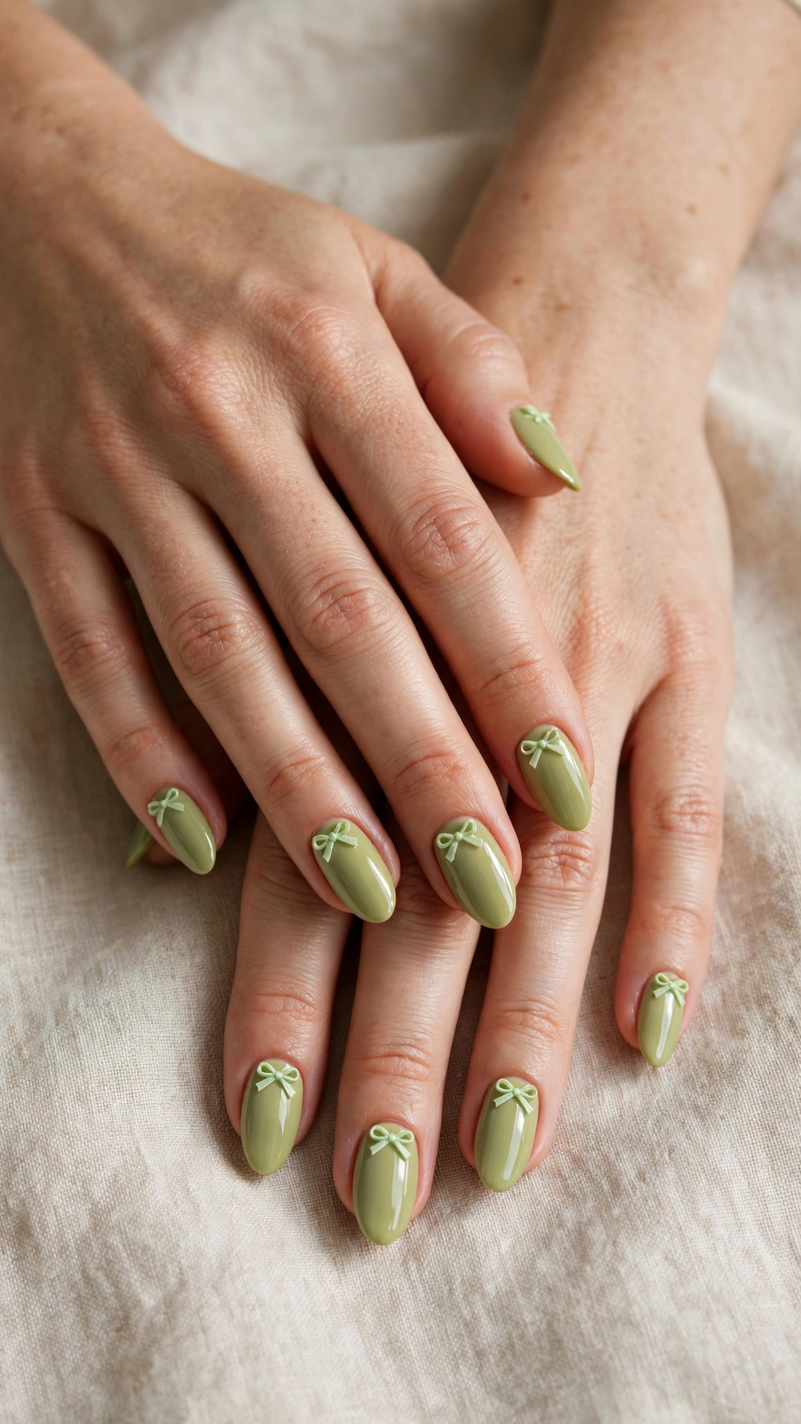 Almond Pistachio Green Minimalist Nails with a glossy finish and a small bow accent