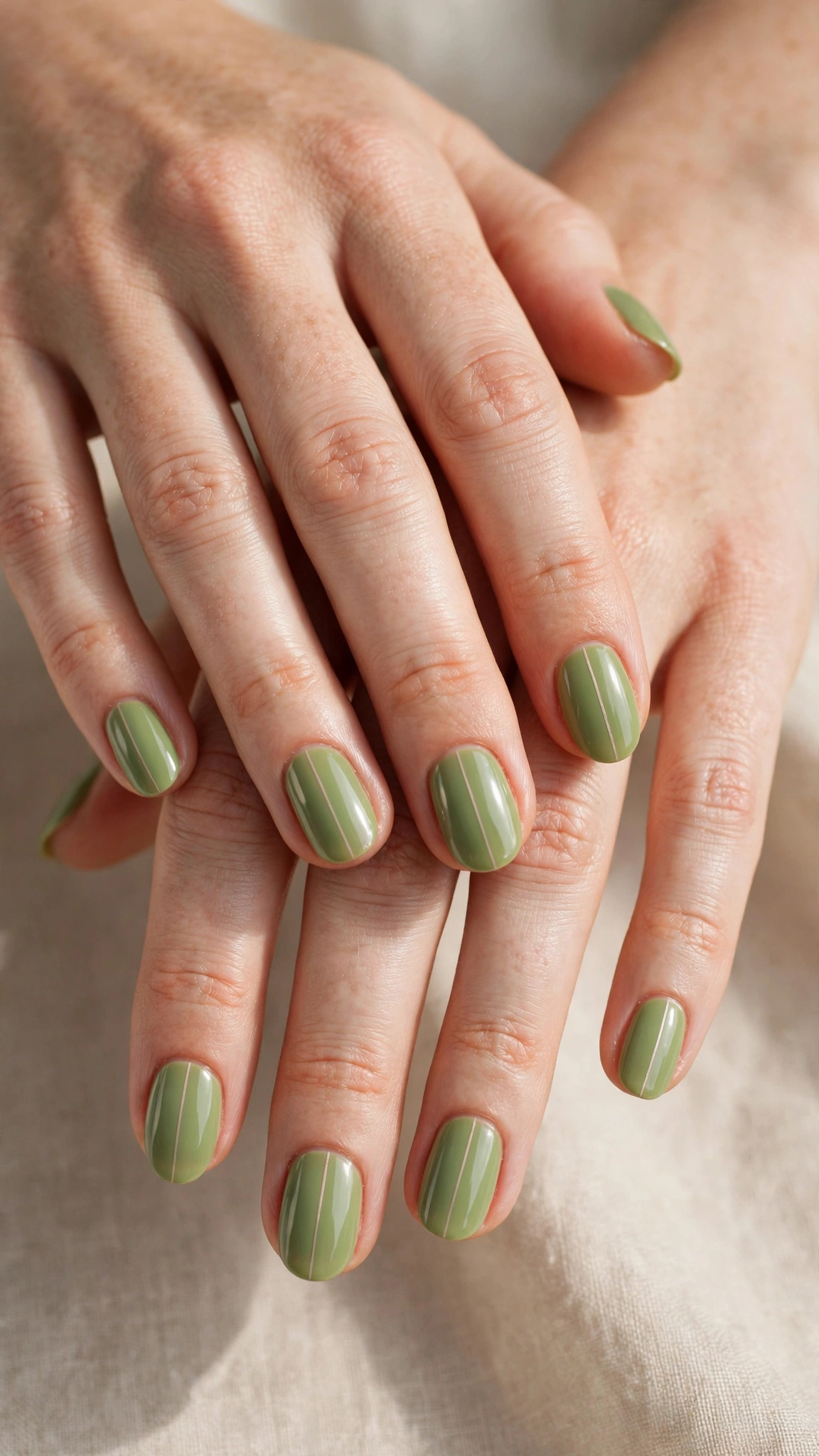 Oval Pistachio Green Minimalist Nails with a glossy finish and a minimal stripe