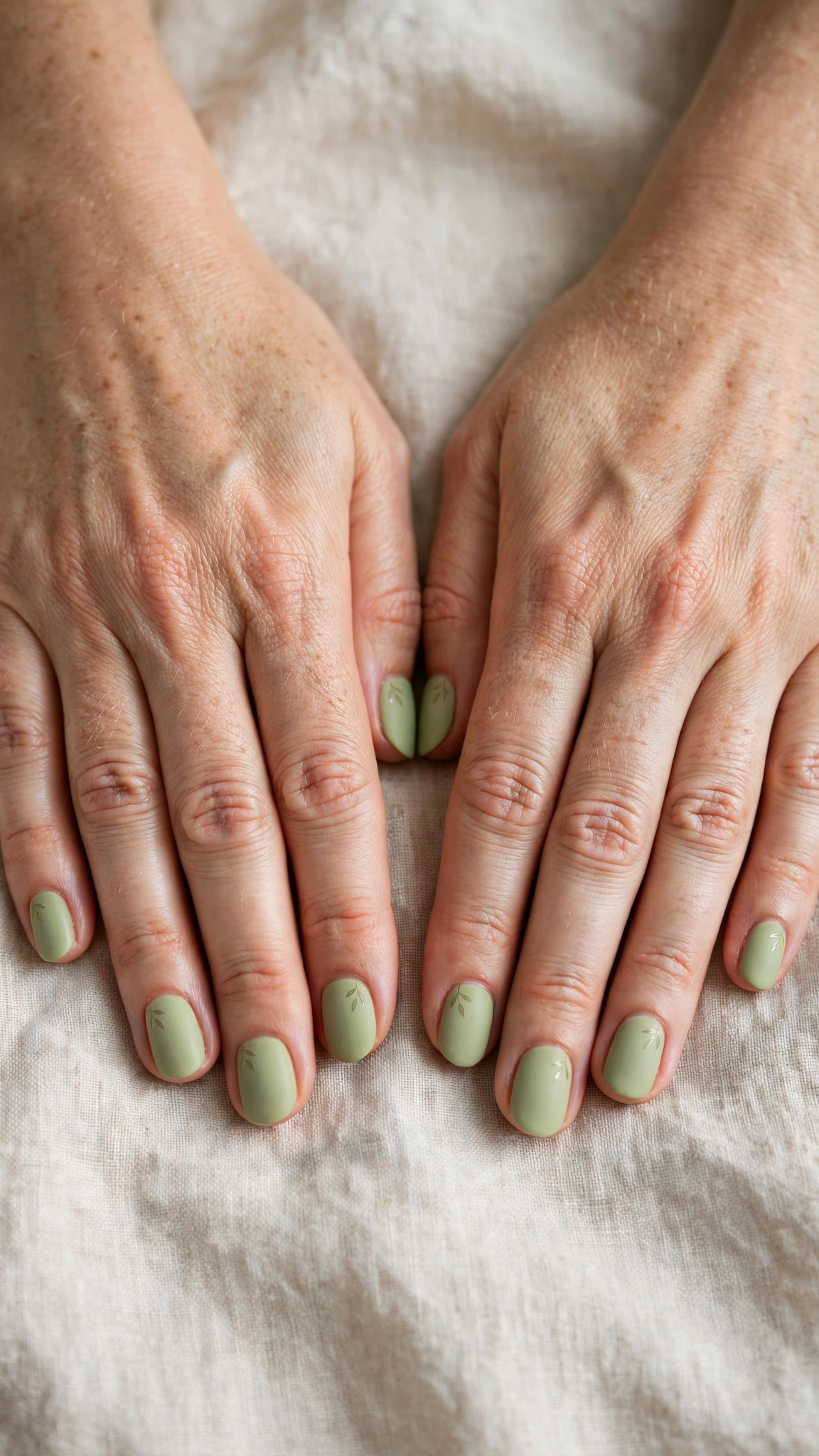 Short Oval Pistachio Green Minimalist Nails with a matte finish and a delicate leaf accent