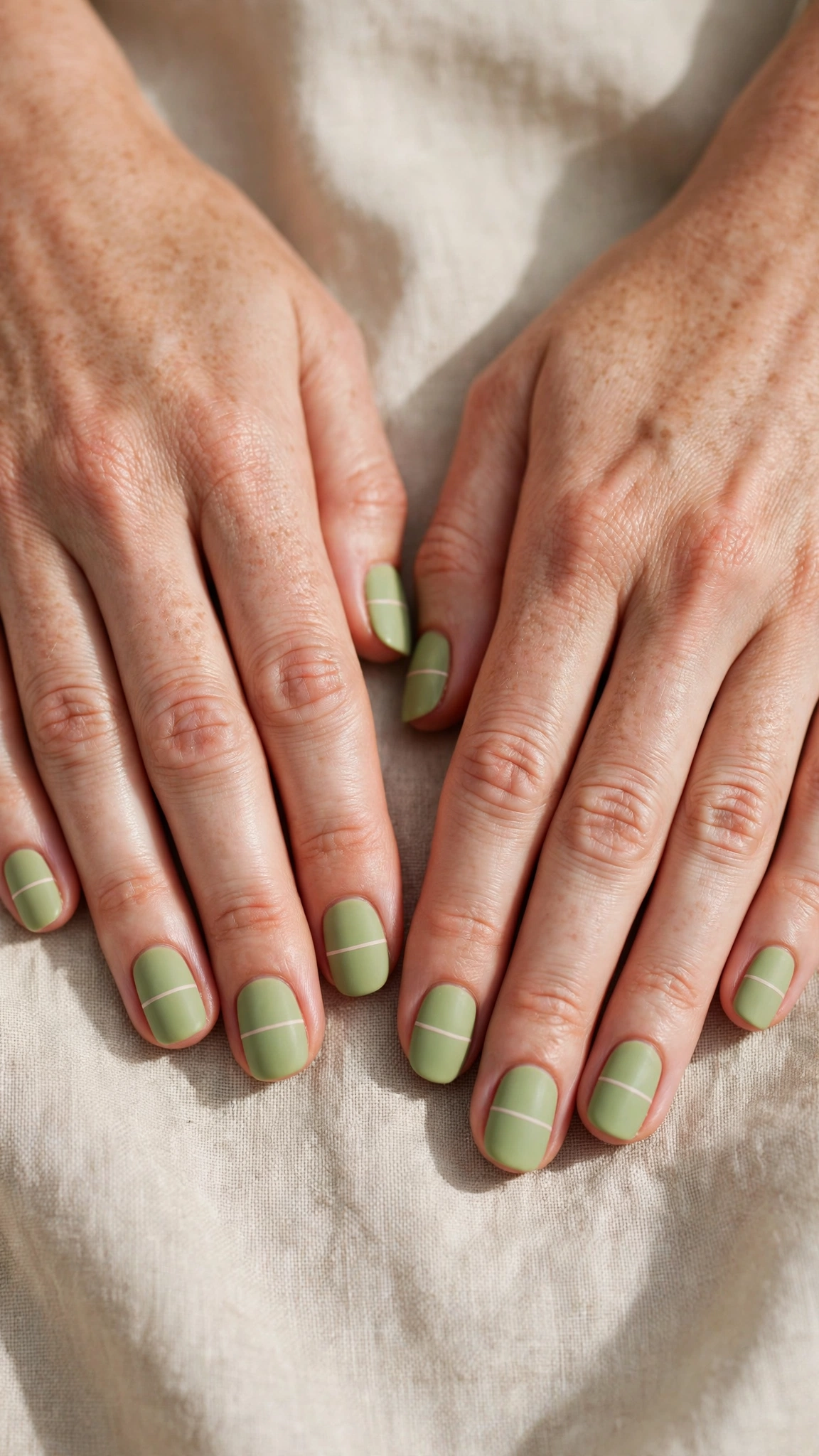 Rounded Square Pistachio Green Minimalist Nails with a matte finish and a single thin stripe