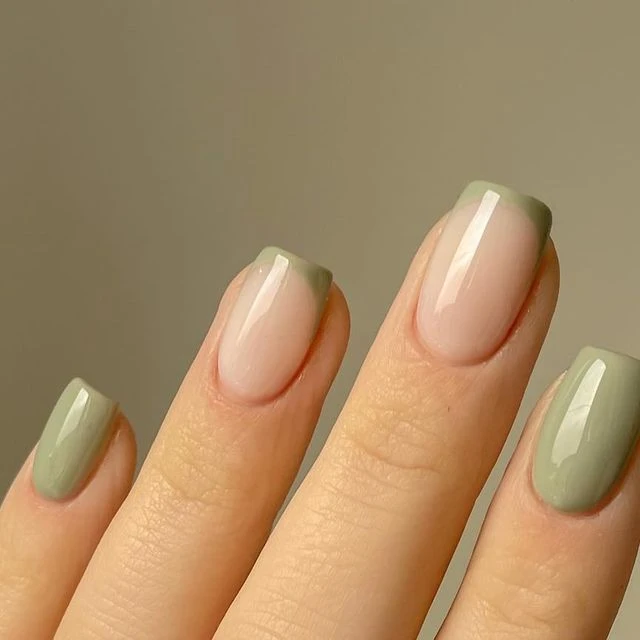 Square Pistachio Green Minimalist Nails with a satin finish and a white half-moon