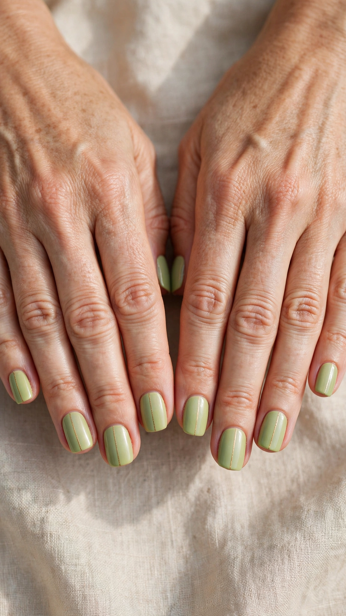Short Square Pistachio Green Minimalist Nails with a satin finish and a fine gold line