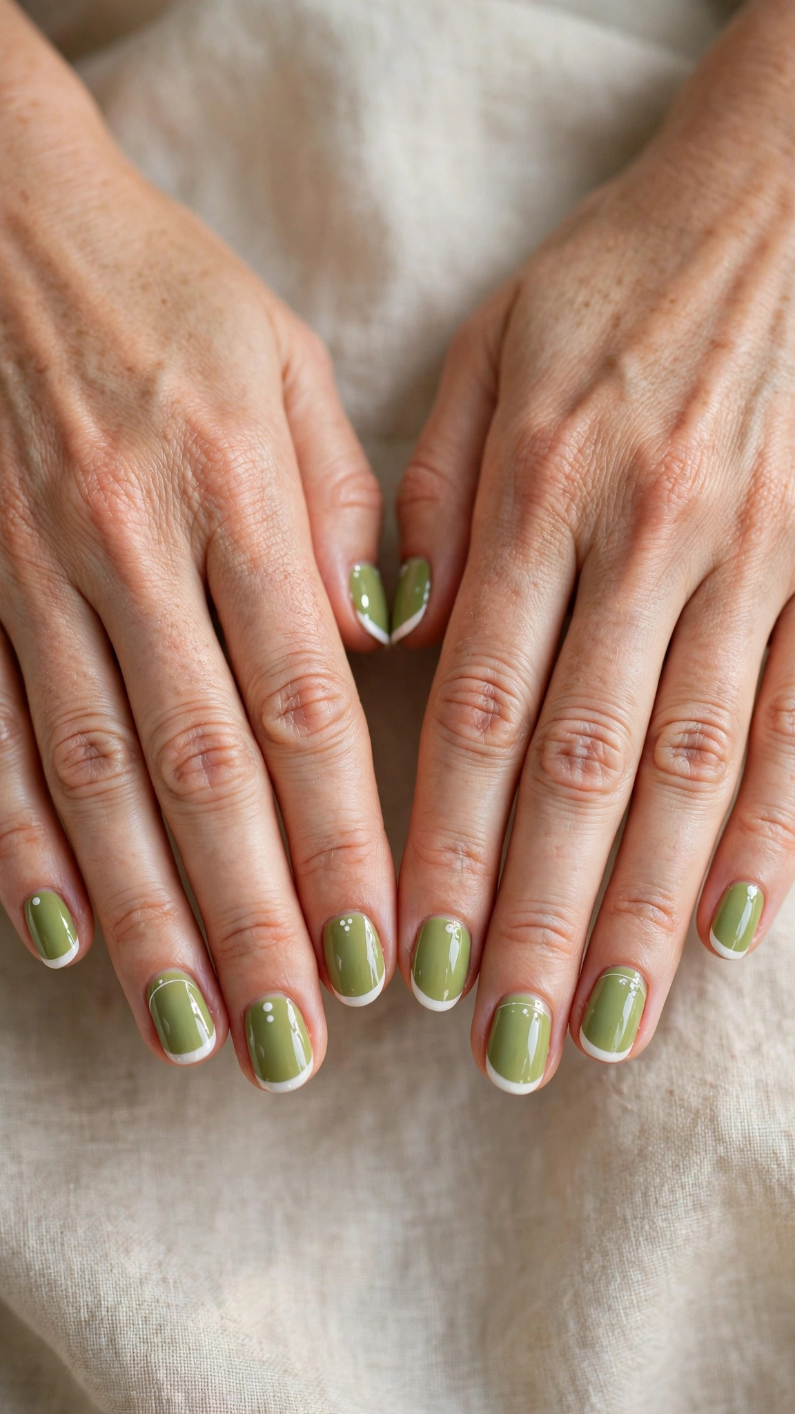Short Oval Pistachio Green Short Nails with White Accents with a glossy finish and white tips