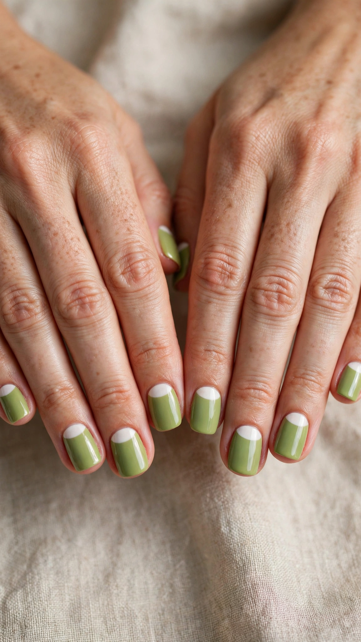 Short Square Pistachio Green Short Nails with White Accents with a glossy finish and white half-moons