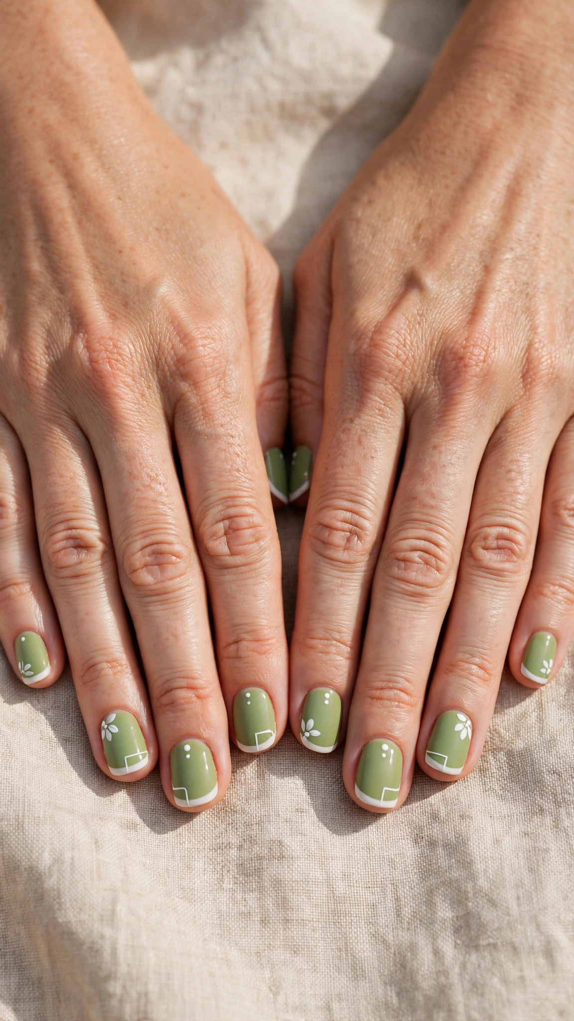 Short Round Pistachio Green Short Nails with White Accents with a matte finish and a white French tip