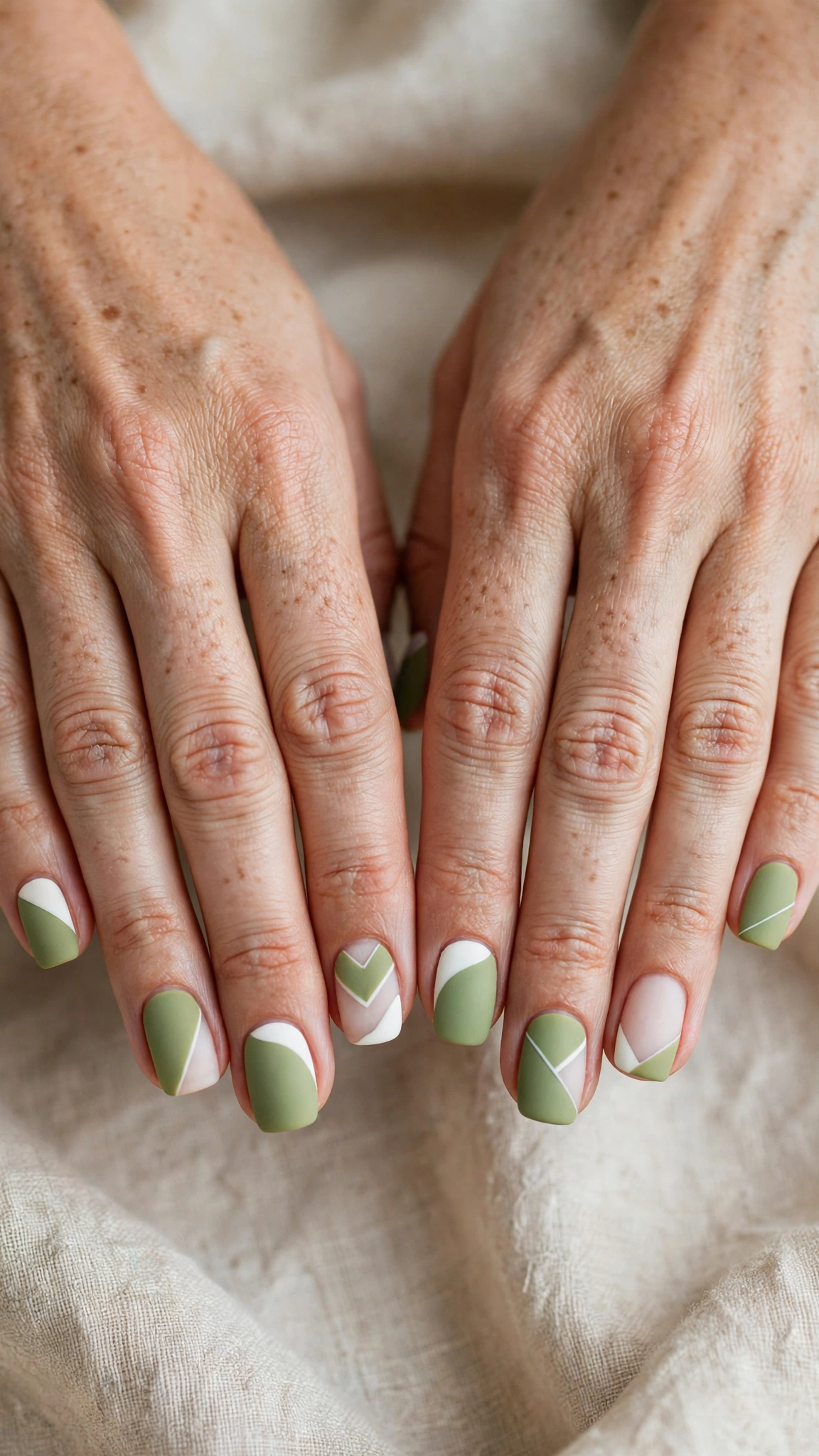 Squoval Pistachio Green Short Nails with White Accents with a matte finish and white negative space
