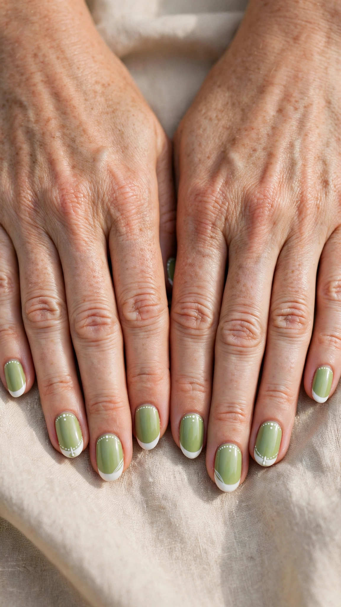 Short Almond Pistachio Green Short Nails with White Accents with a satin finish and white tips