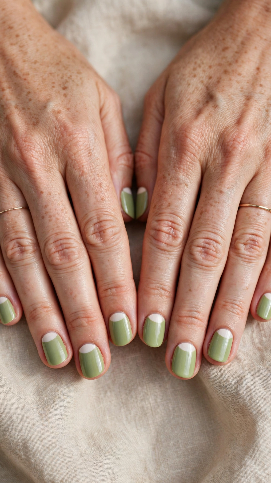Rounded Short Pistachio Green Short Nails with White Accents with a satin finish and white half-moons