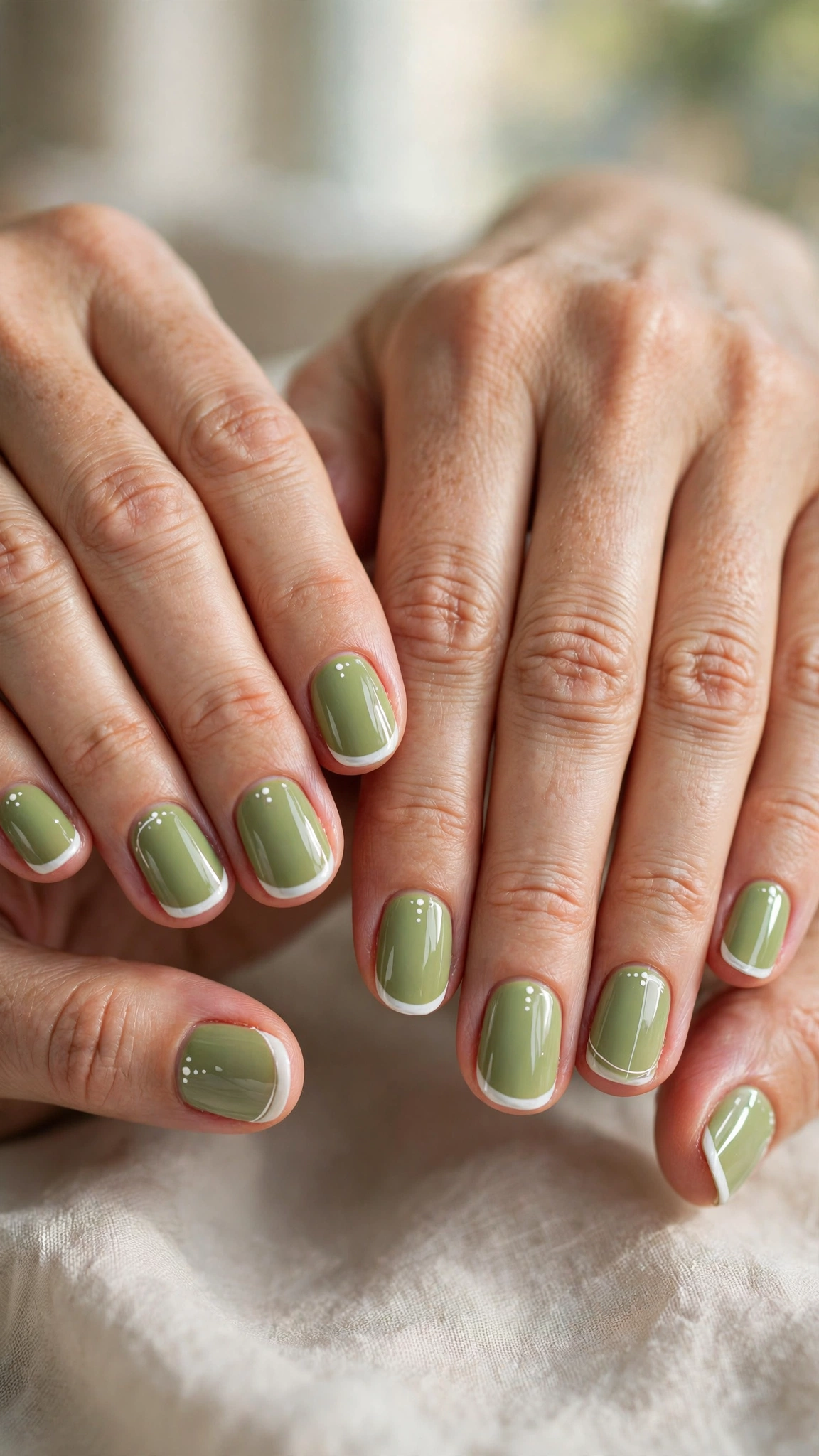 Short Oval Pistachio Green Short Nails with White Accents with a glossy finish and a white French tip
