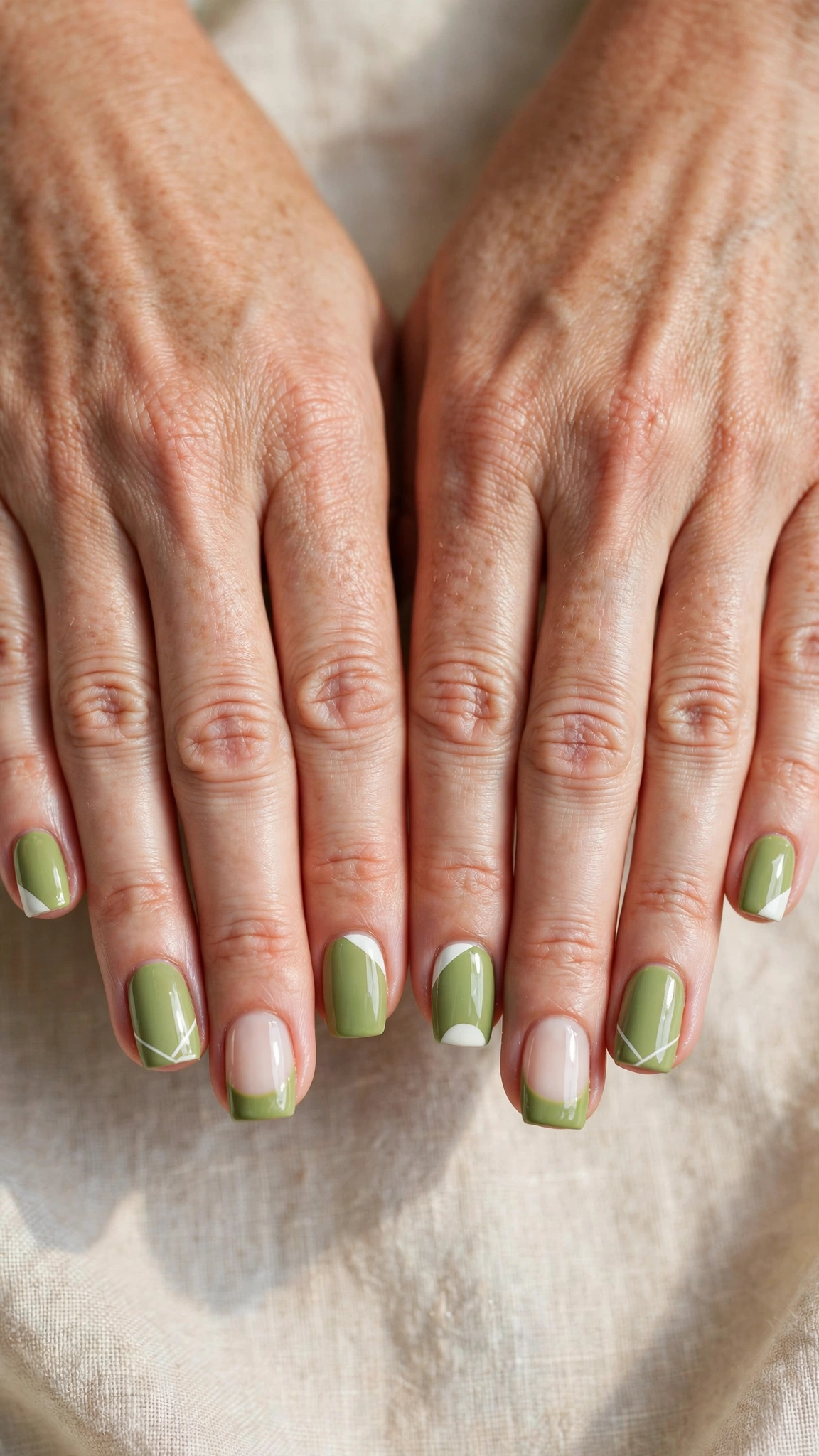 Short Square Pistachio Green Short Nails with White Accents with a glossy finish and white negative space