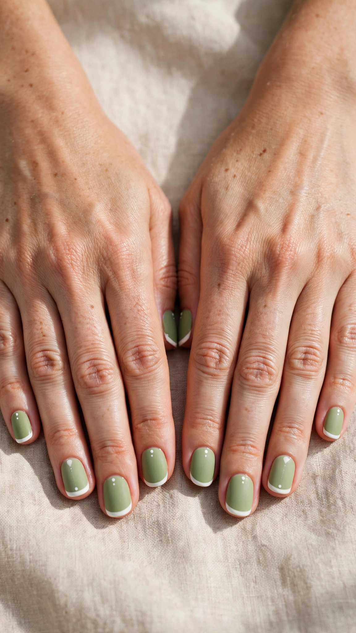 Short Round Pistachio Green Short Nails with White Accents with a matte finish and white tips