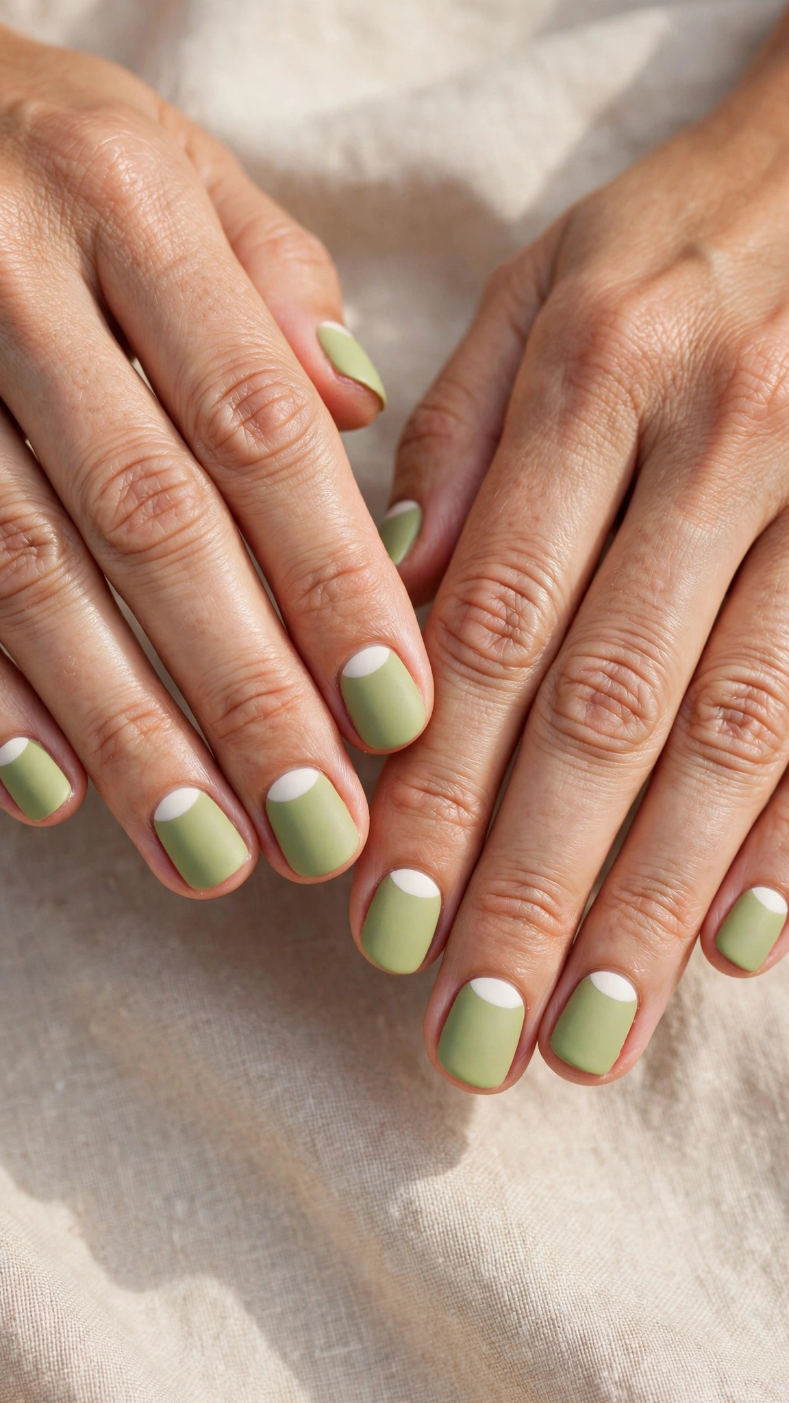 Squoval Pistachio Green Short Nails with White Accents with a matte finish and white half-moons