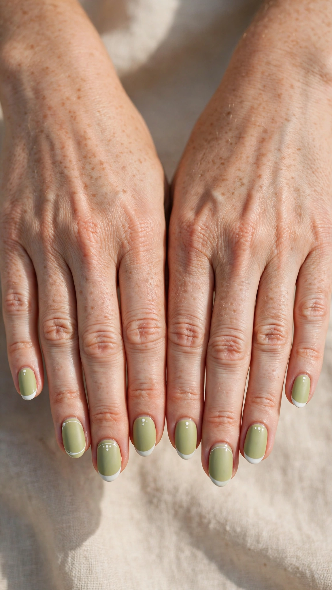 Short Almond Pistachio Green Short Nails with White Accents with a satin finish and a white French tip