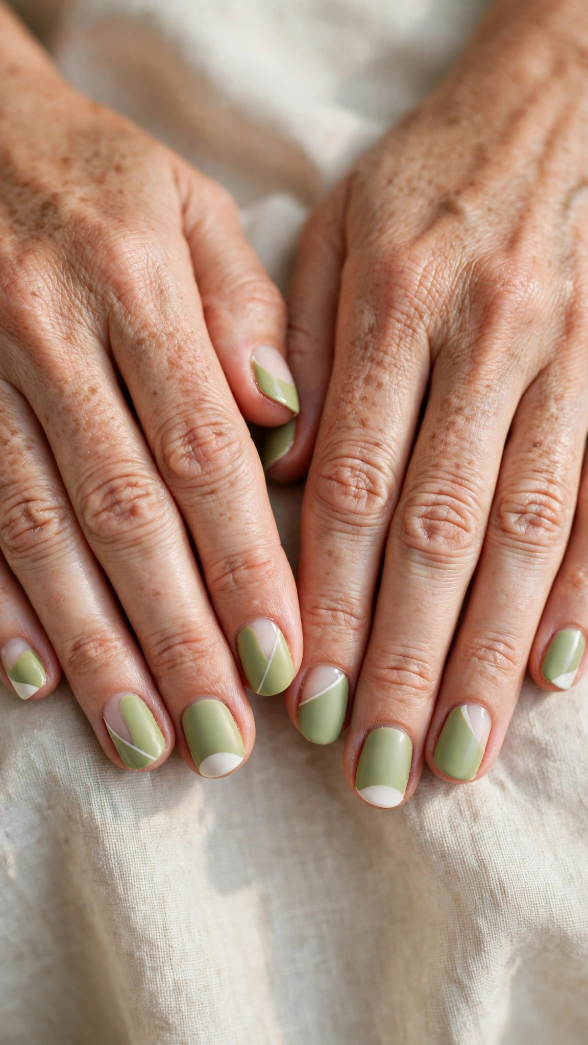 Rounded Short Pistachio Green Short Nails with White Accents with a satin finish and white negative space