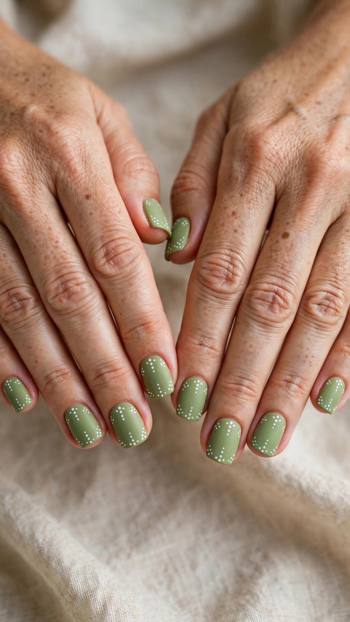 Short Square Pistachio Green Short Nails with White Accents with a matte finish and white dots