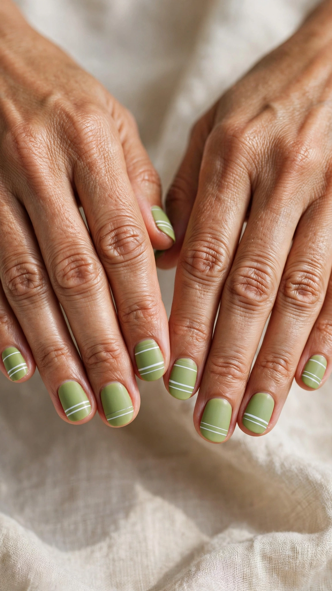 Short Round Pistachio Green Short Nails with White Accents with a matte finish and white stripes