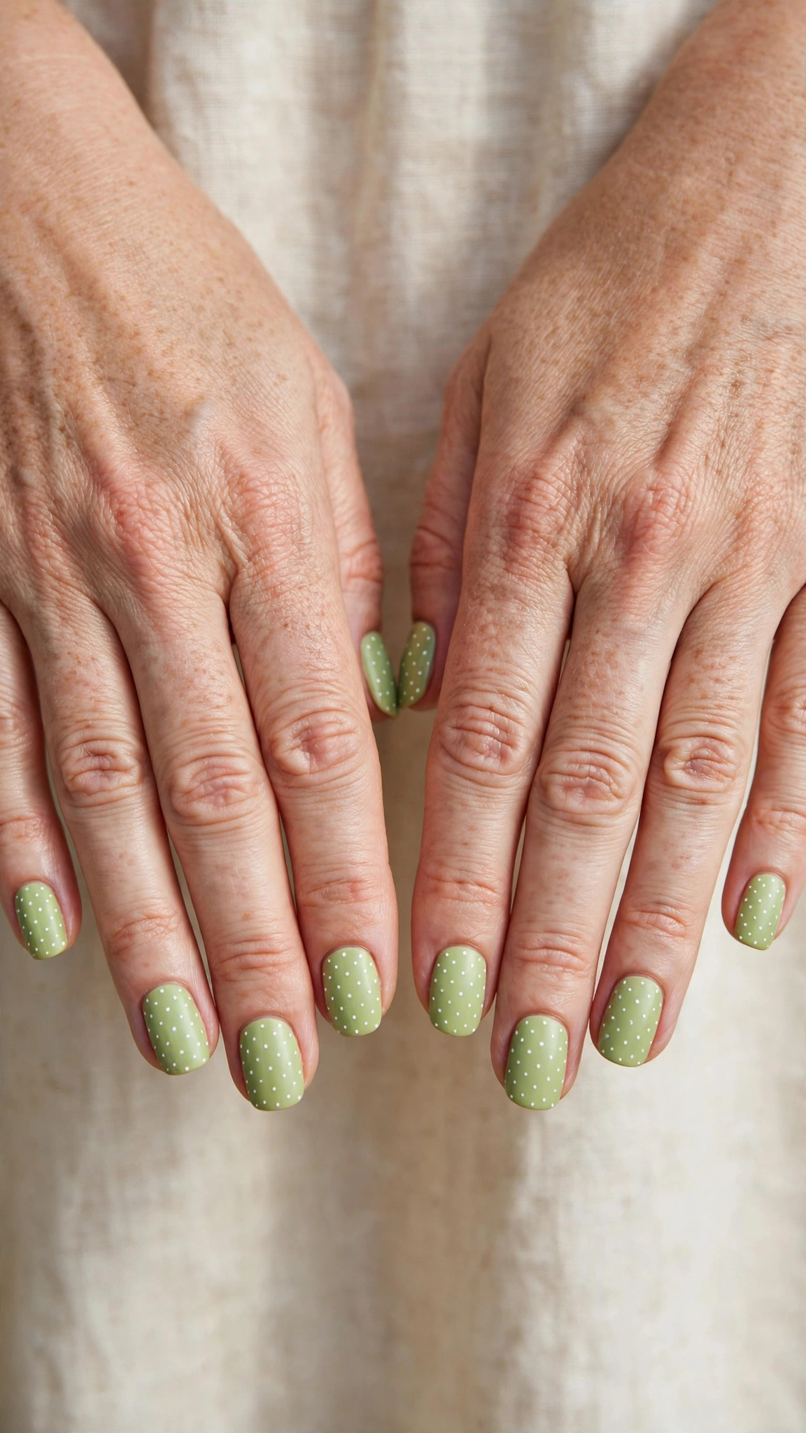 Squoval Pistachio Green Short Nails with White Accents with a satin finish and white micro dots
