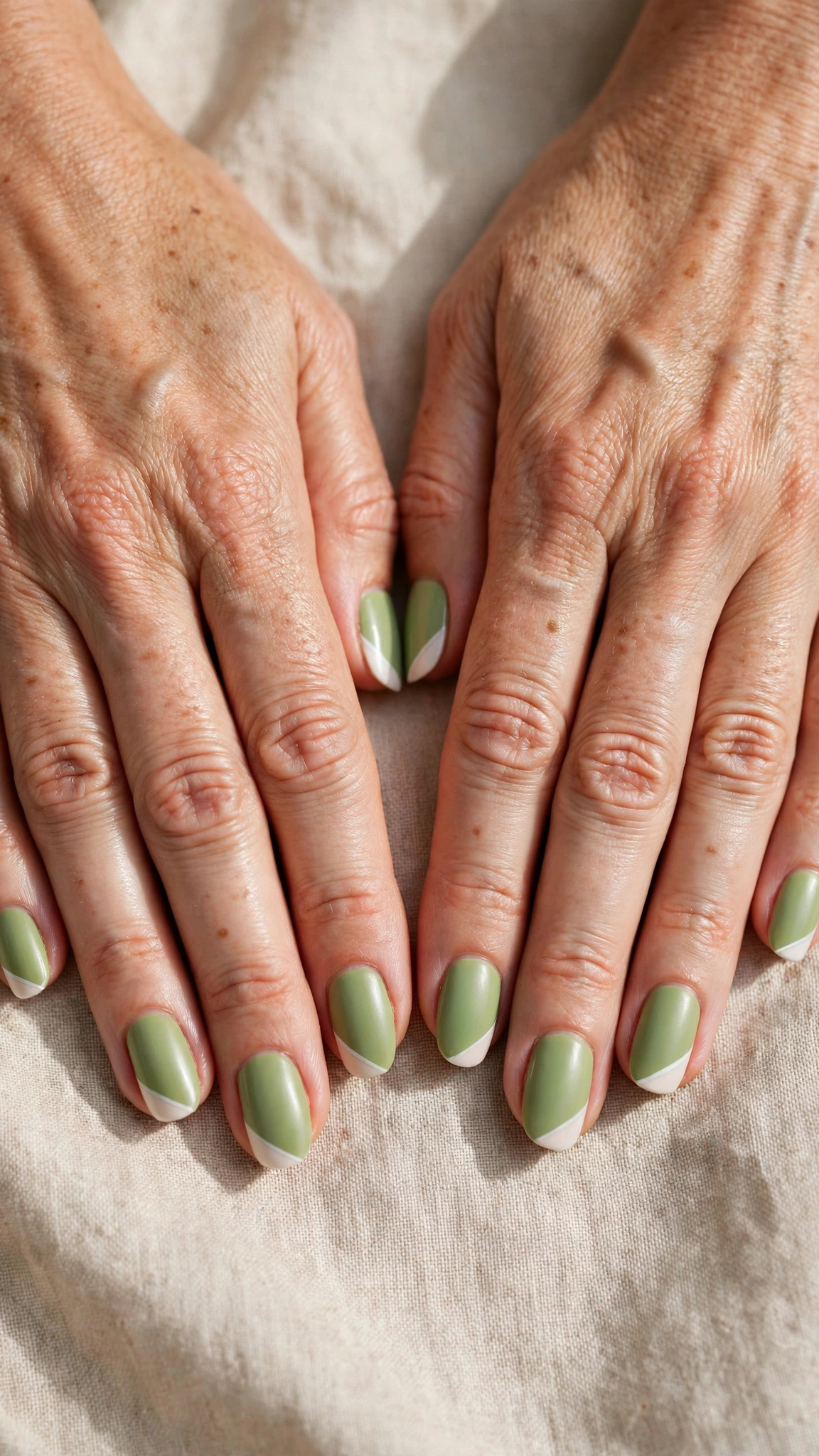Short Almond Pistachio Green Short Nails with White Accents with a satin finish and a white diagonal tip