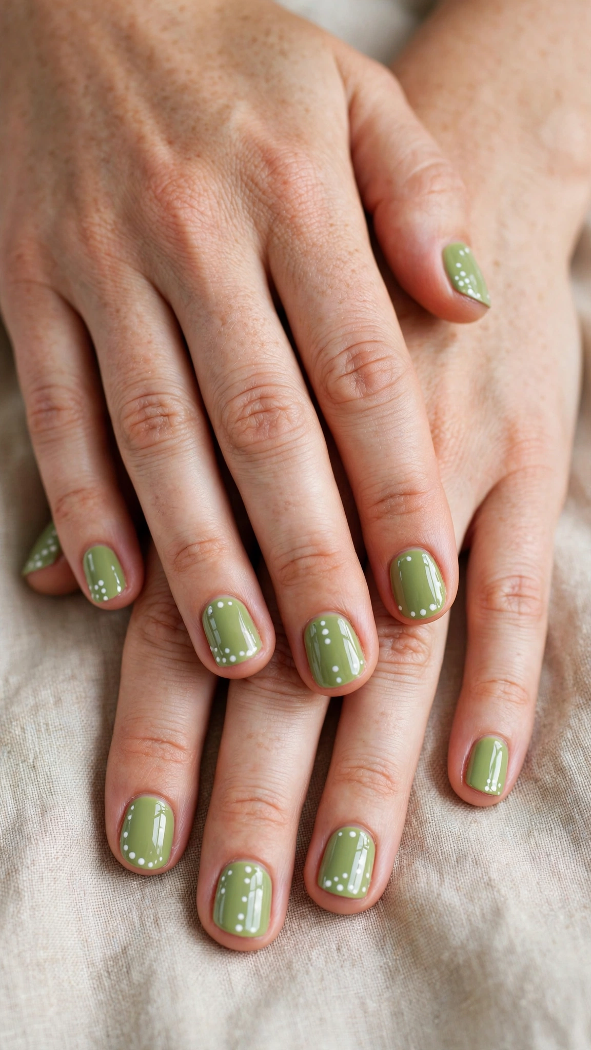 Rounded Short Pistachio Green Short Nails with White Accents with a glossy finish and white dots