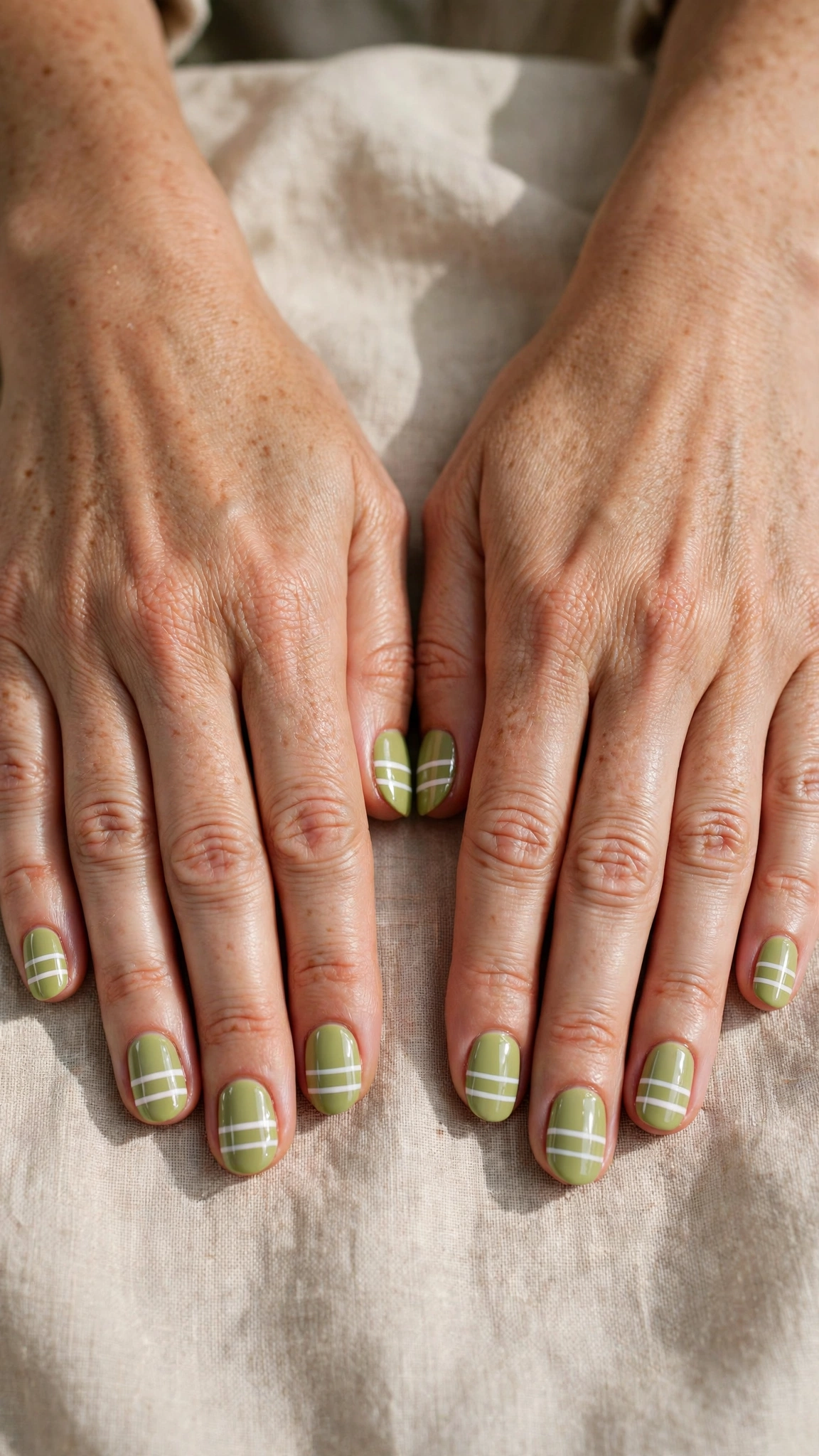 Short Oval Pistachio Green Short Nails with White Accents with a glossy finish and white stripes