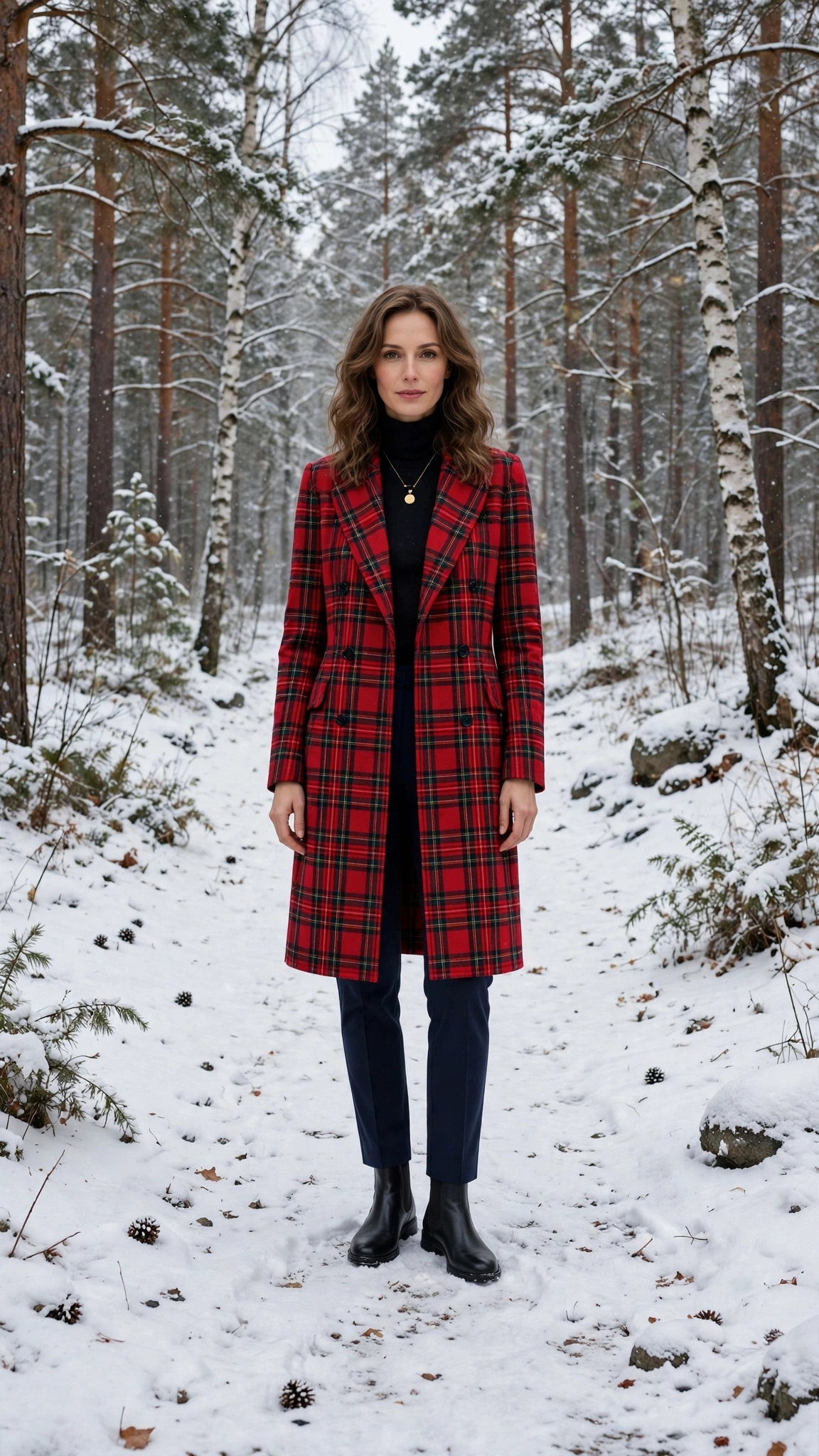 Red Tartan Plaid Coat with Navy Trousers and Black Chelsea Boots