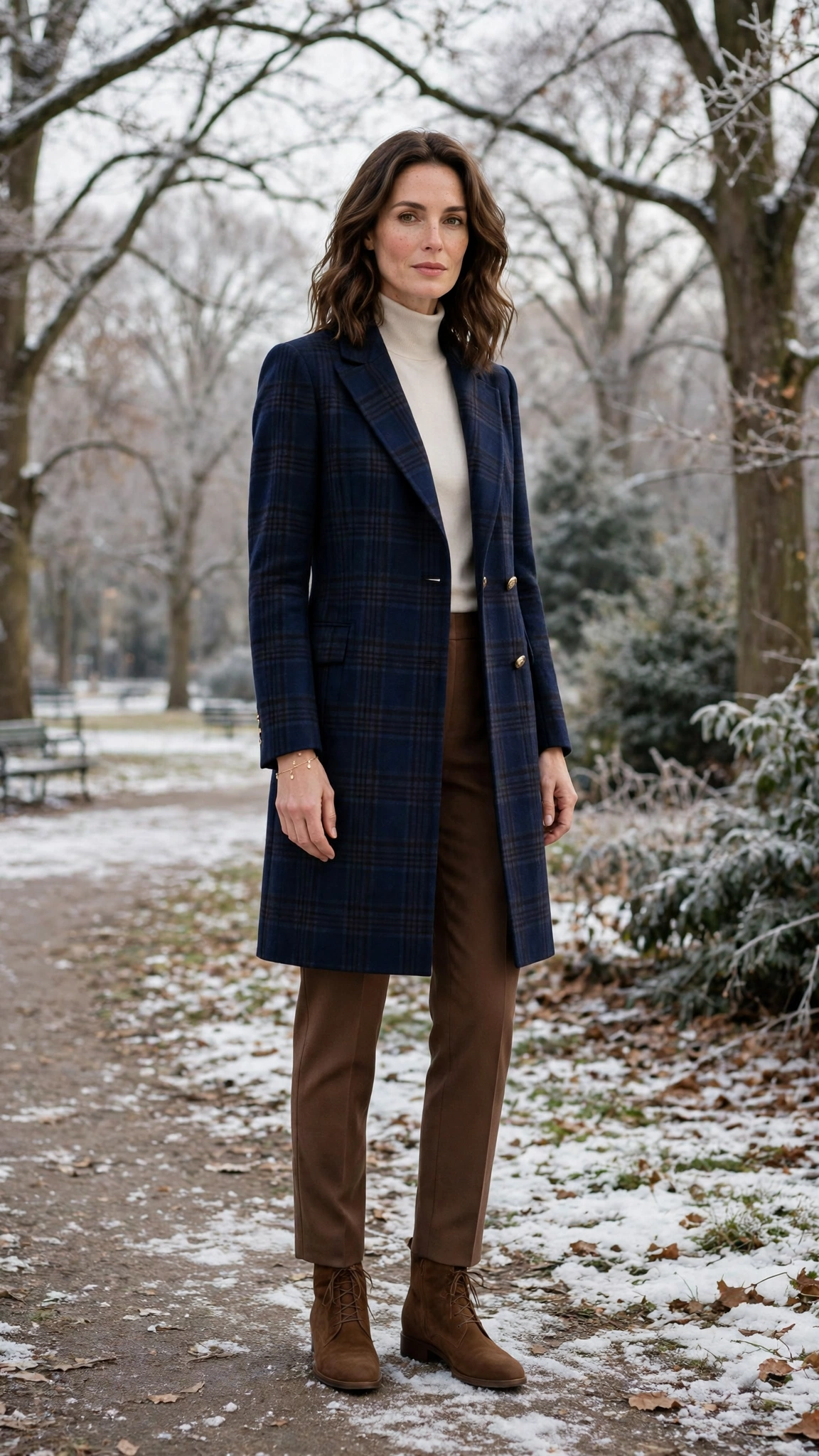 Navy Plaid Coat with Brown Trousers and Brown Ankle Boots