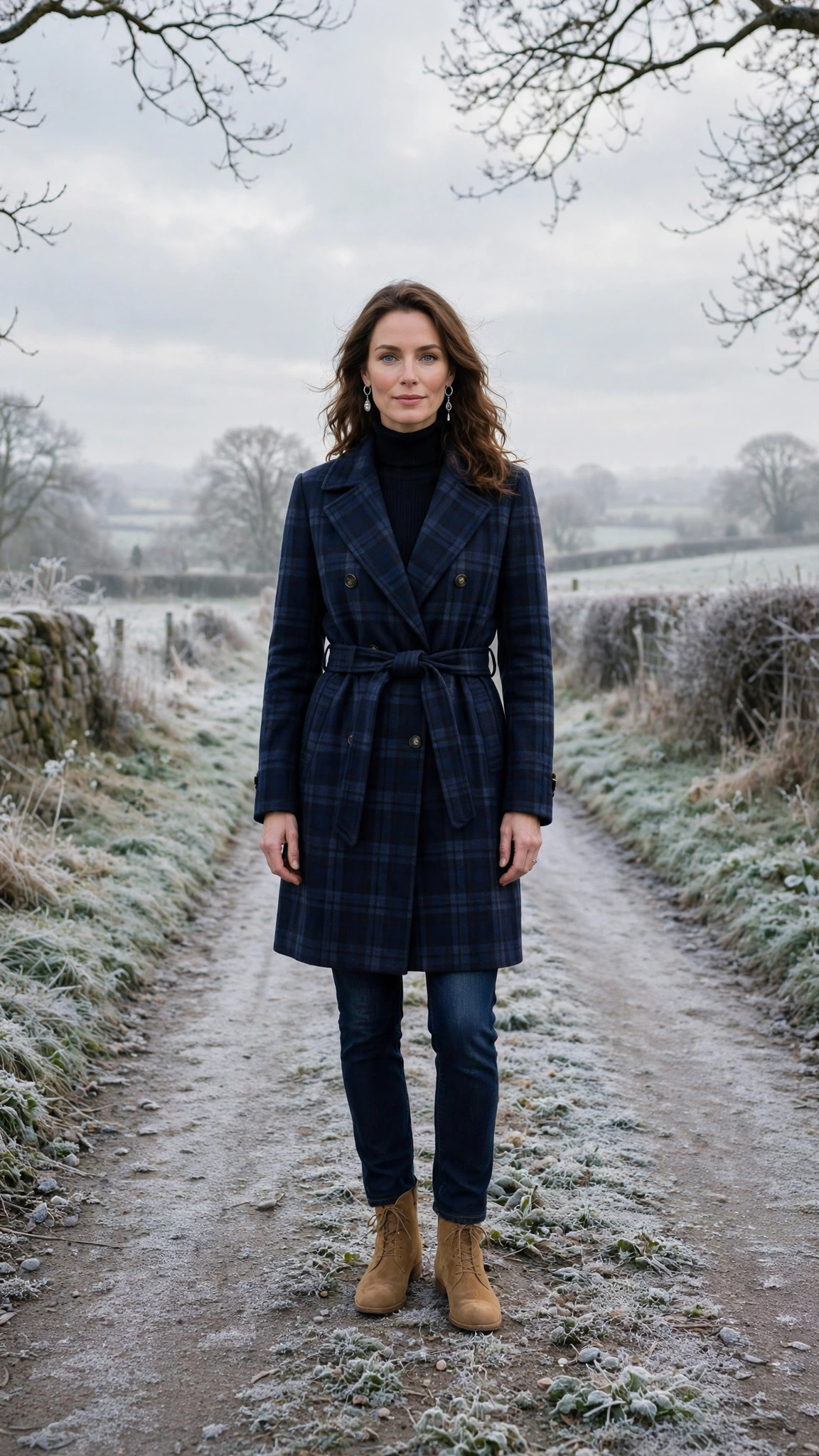 Navy Plaid Coat with Dark Jeans and Tan Boots