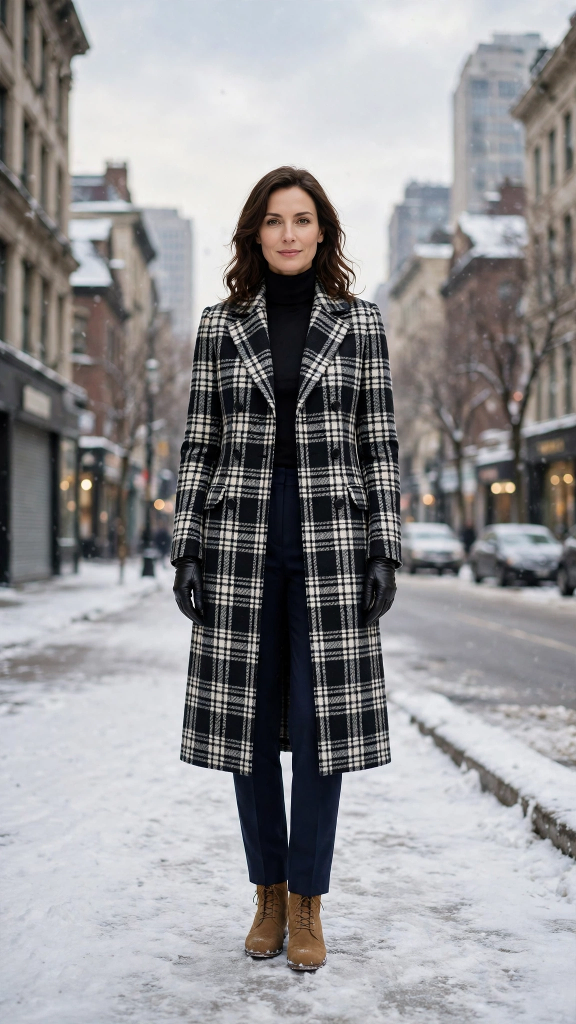 Black-and-white Plaid Coat with Navy Trousers and Tan Boots